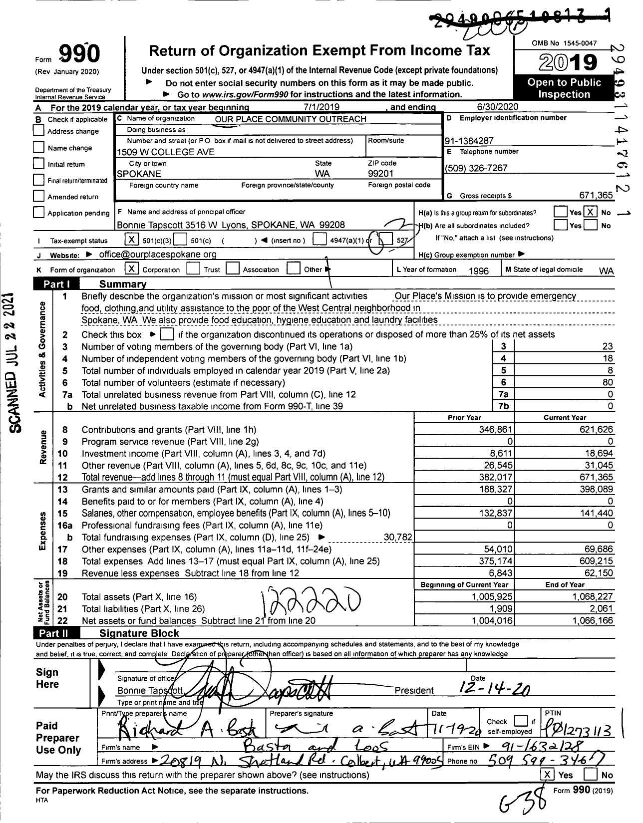 Image of first page of 2019 Form 990 for Our Place Community Outreach