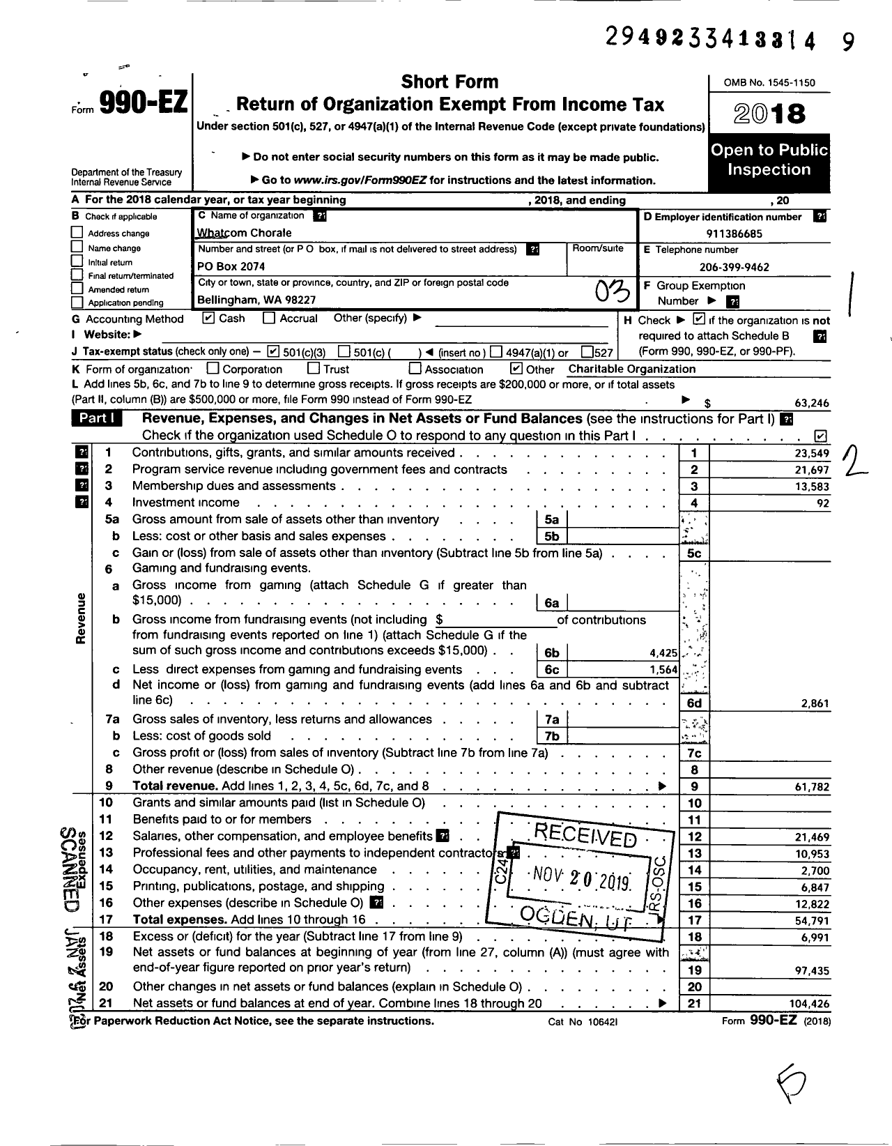 Image of first page of 2018 Form 990EZ for Whatcom Chorale