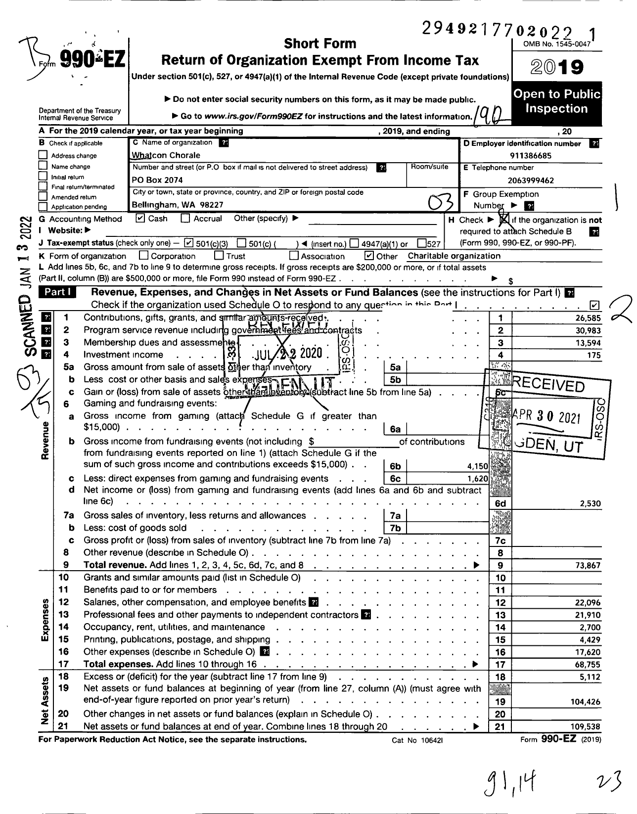 Image of first page of 2019 Form 990EZ for Whatcom Chorale