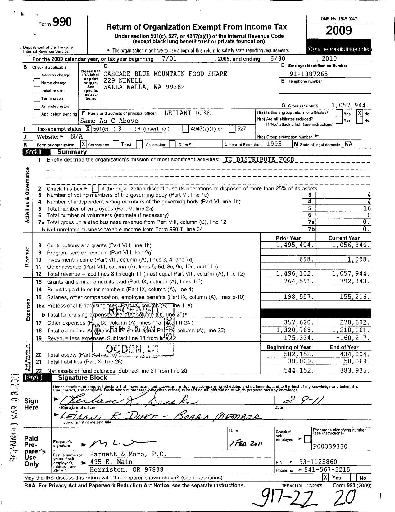Image of first page of 2009 Form 990 for Cascade-Blue Mountain Food Share
