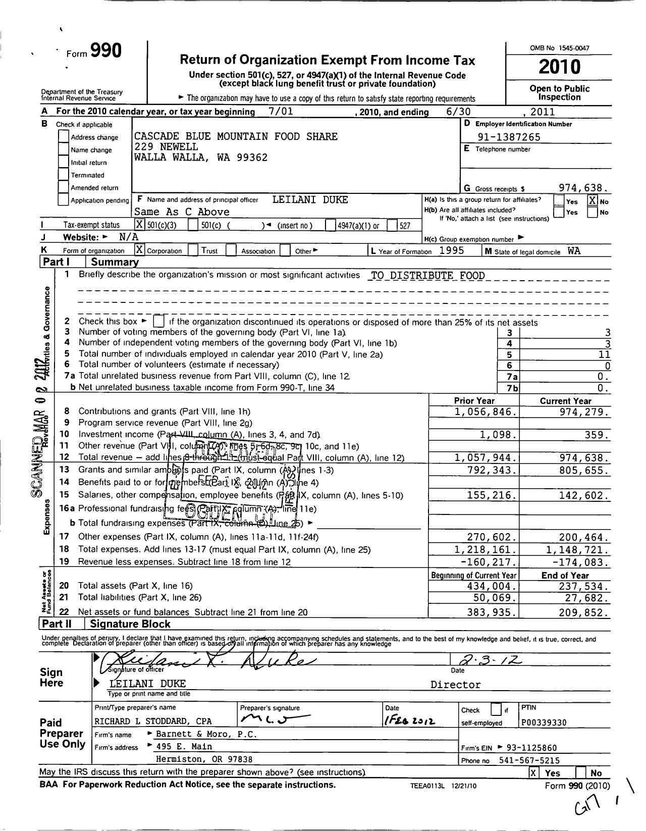 Image of first page of 2010 Form 990 for Cascade-Blue Mountain Food Share