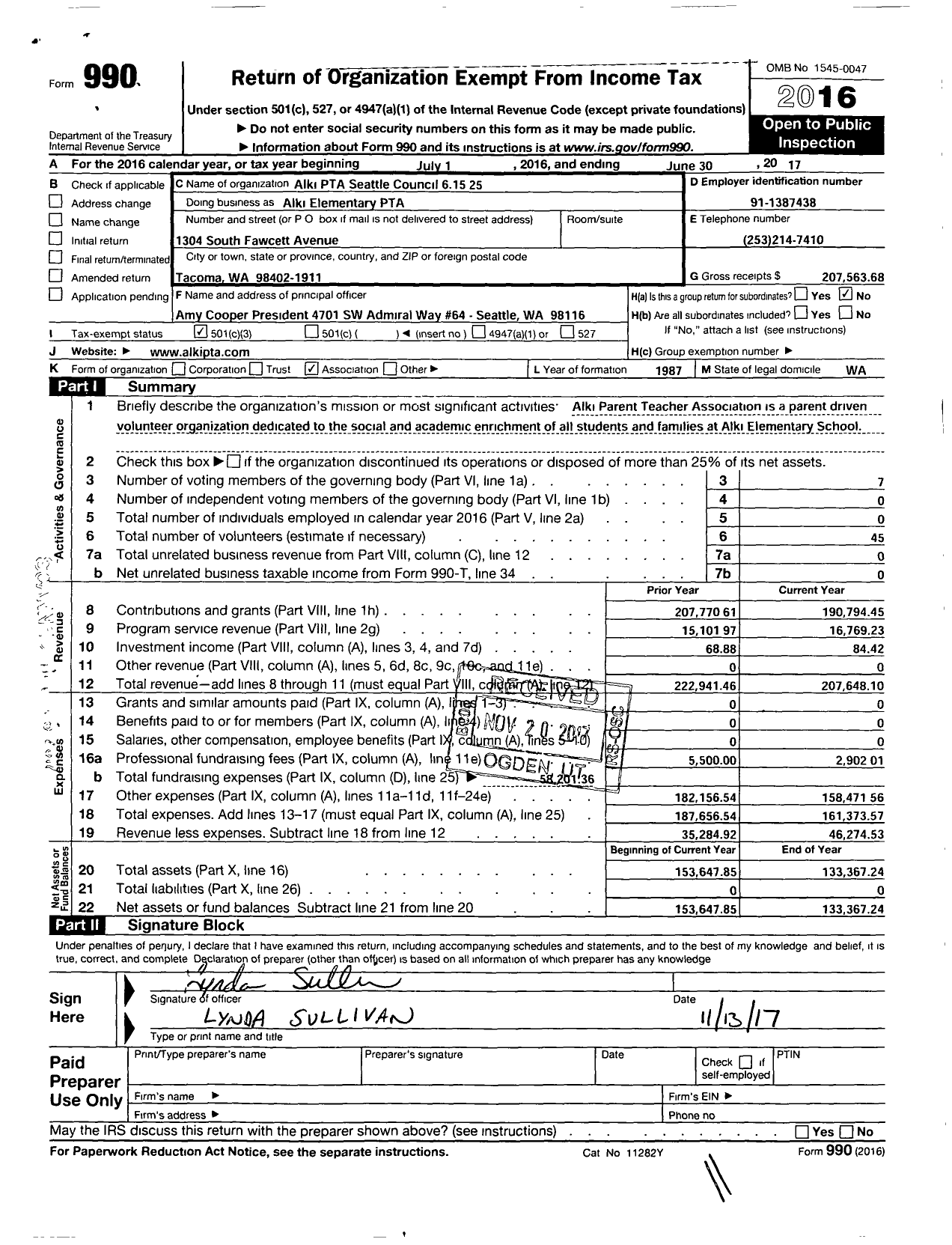 Image of first page of 2016 Form 990 for PTA Alki Seattle Council 6-15-25