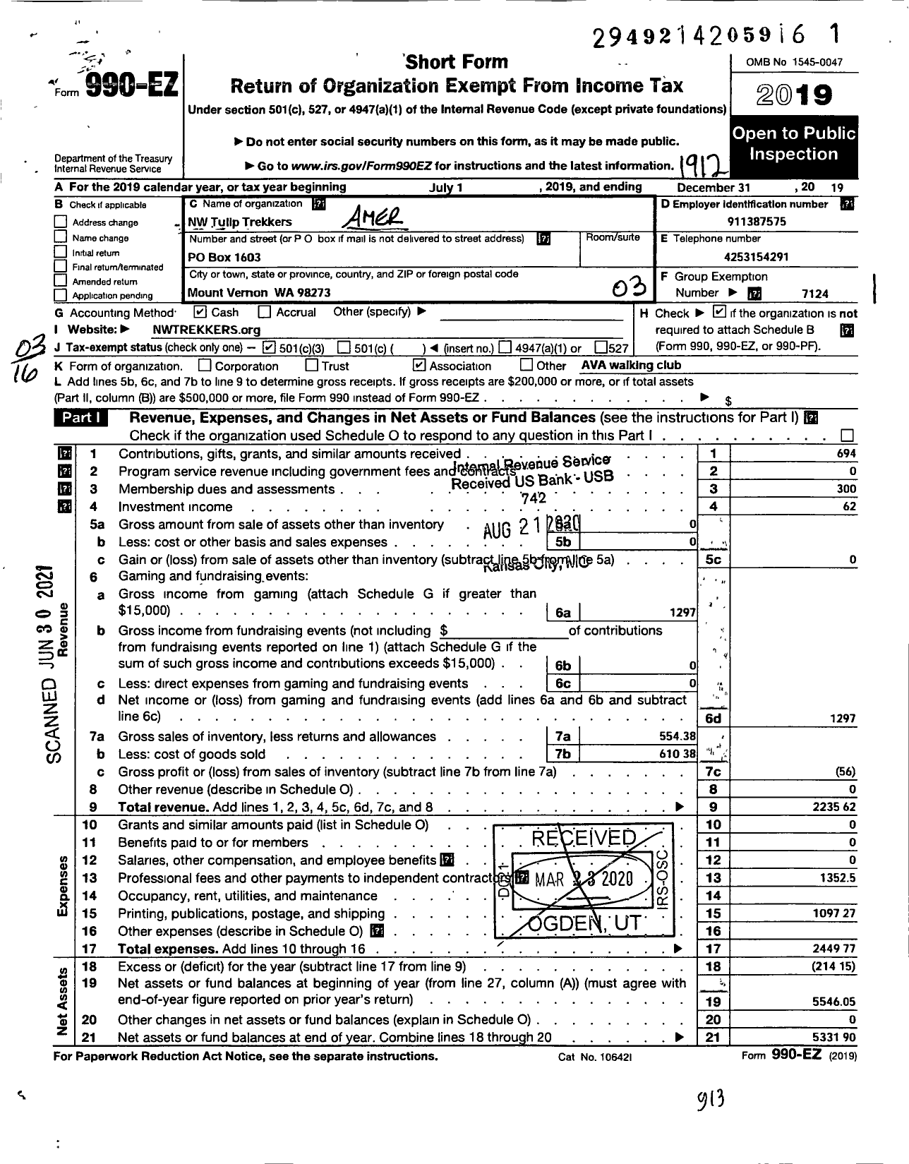 Image of first page of 2019 Form 990EZ for American Volkssport Association - 0482 NW Tulip Trekkers Volkssport