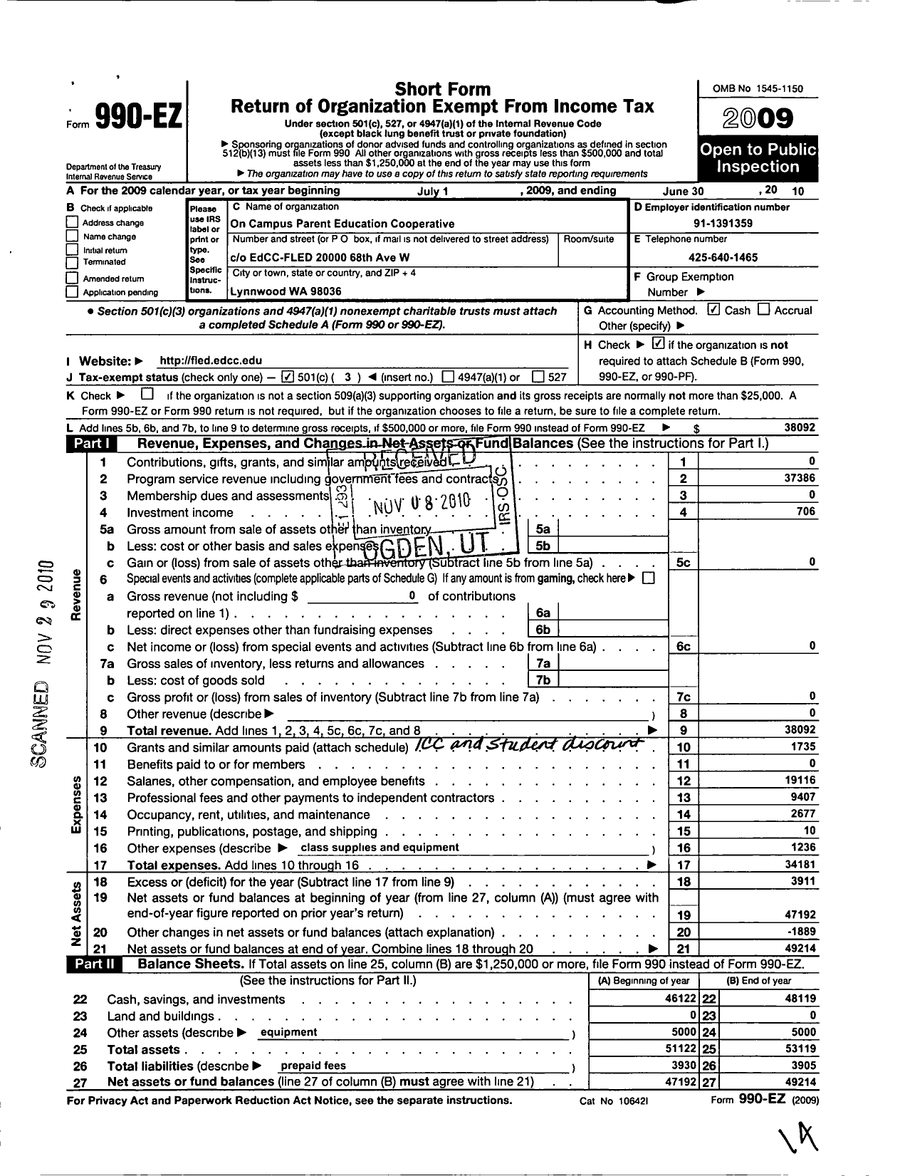 Image of first page of 2009 Form 990EZ for On-Campus Parent Education