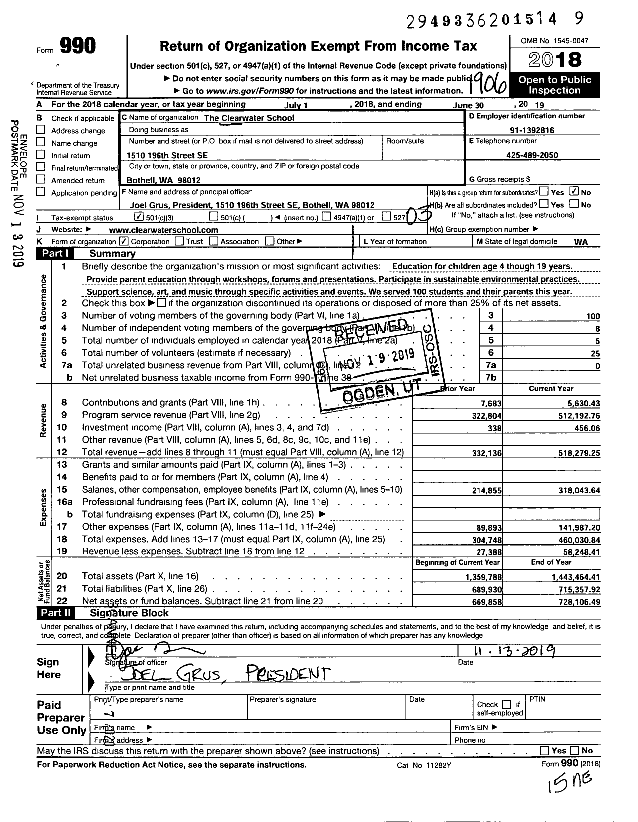 Image of first page of 2018 Form 990 for Clearwater School