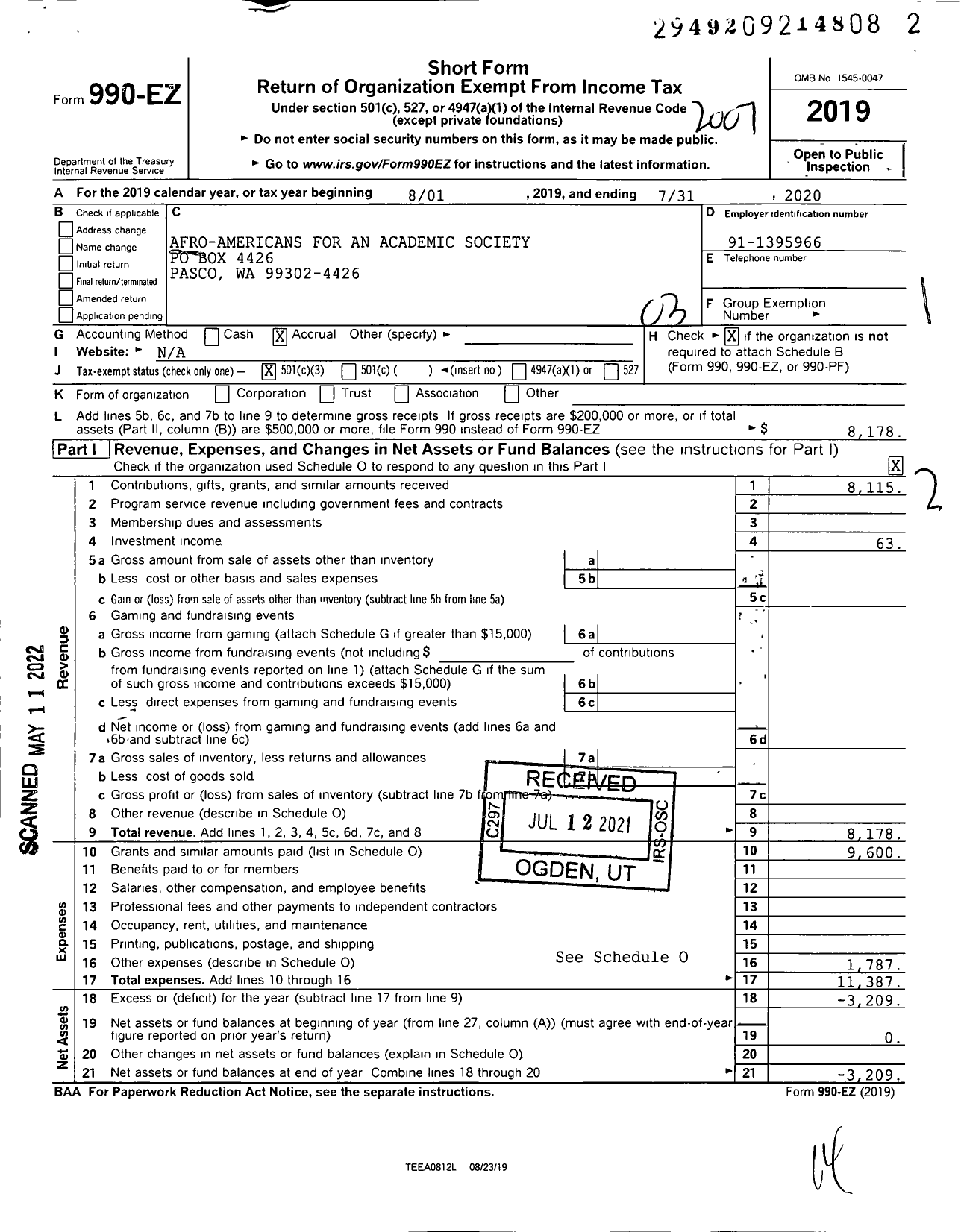 Image of first page of 2019 Form 990EZ for Afro-Americans for An Academic Society