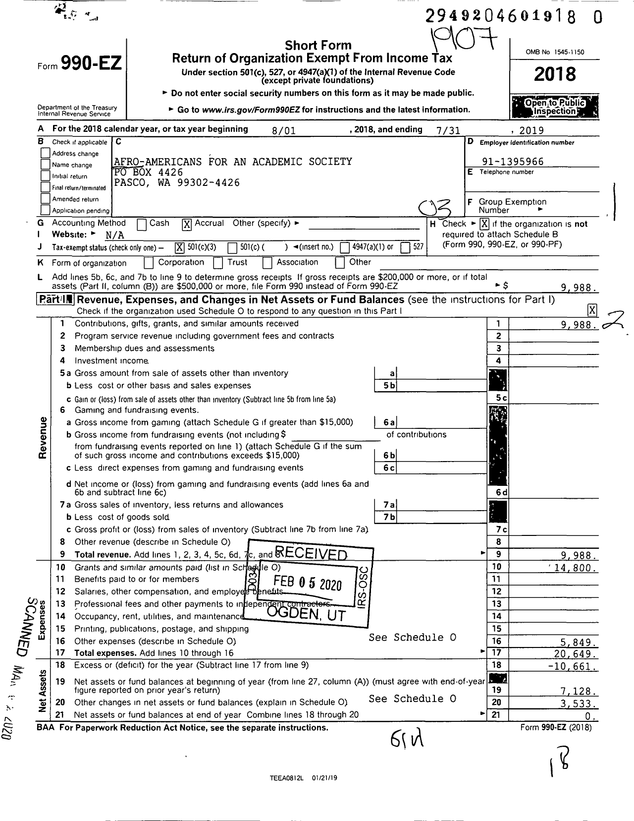 Image of first page of 2018 Form 990EZ for Afro-Americans for An Academic Society