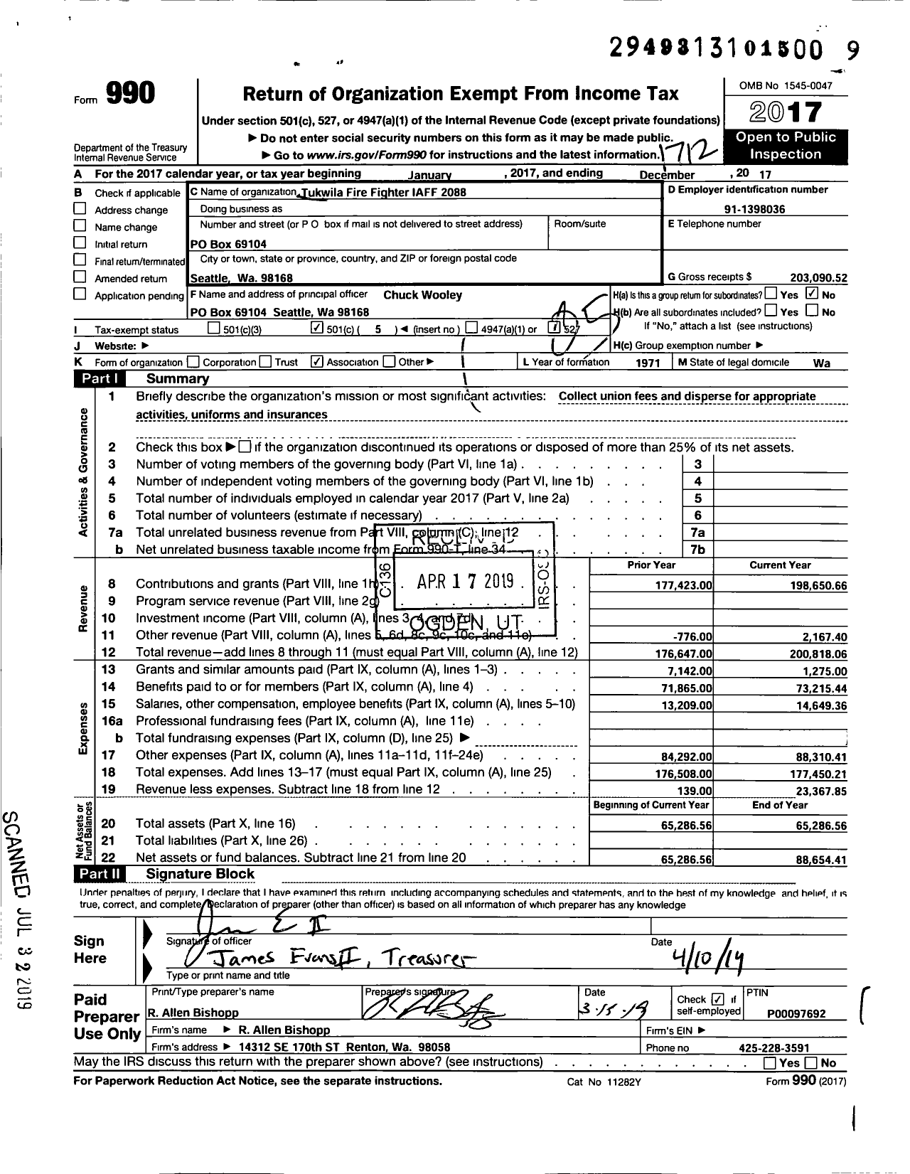 Image of first page of 2017 Form 990O for International Association of Fire Fighters - L2088 Tukwila