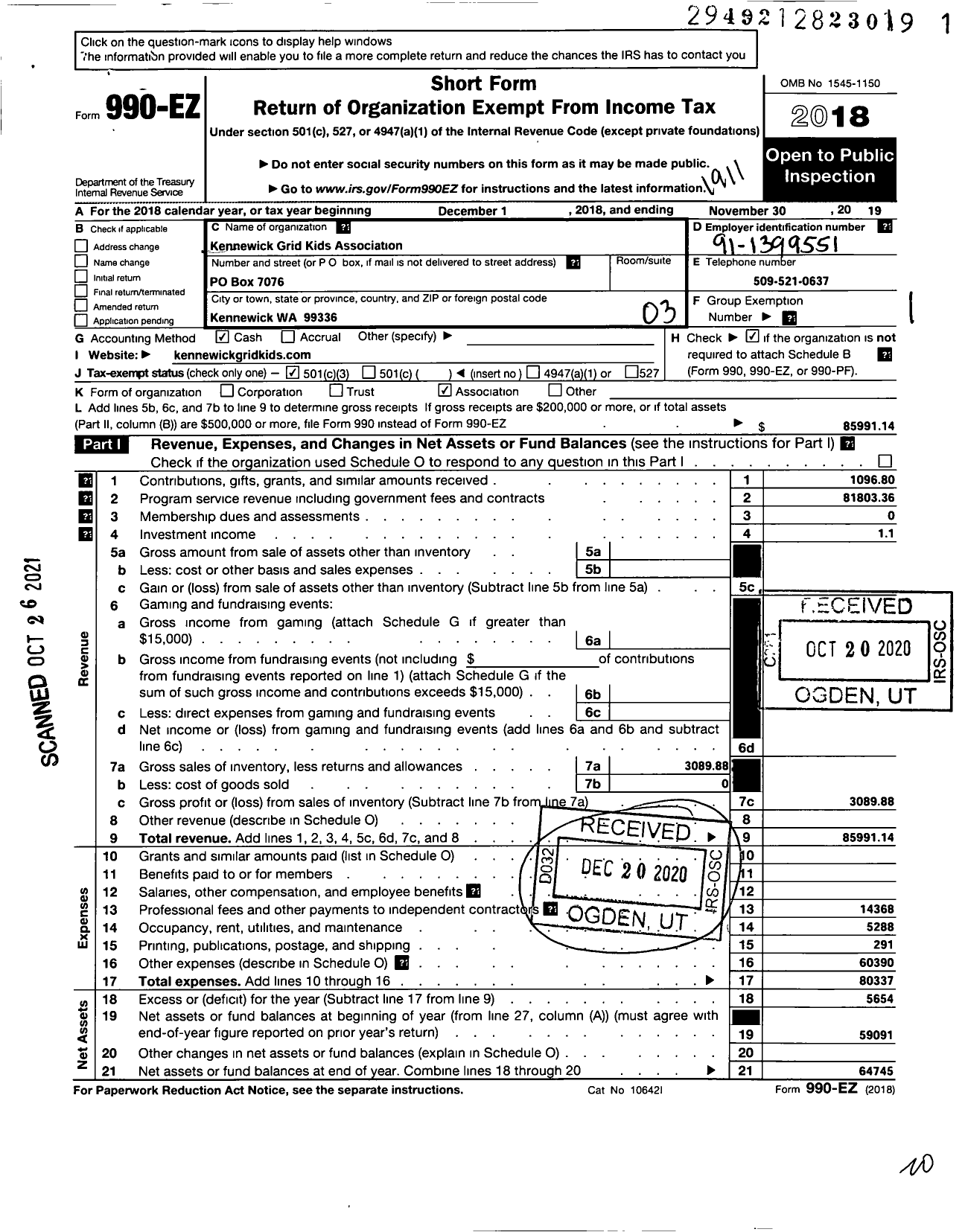 Image of first page of 2018 Form 990EZ for Kennewick Grid Kids Association