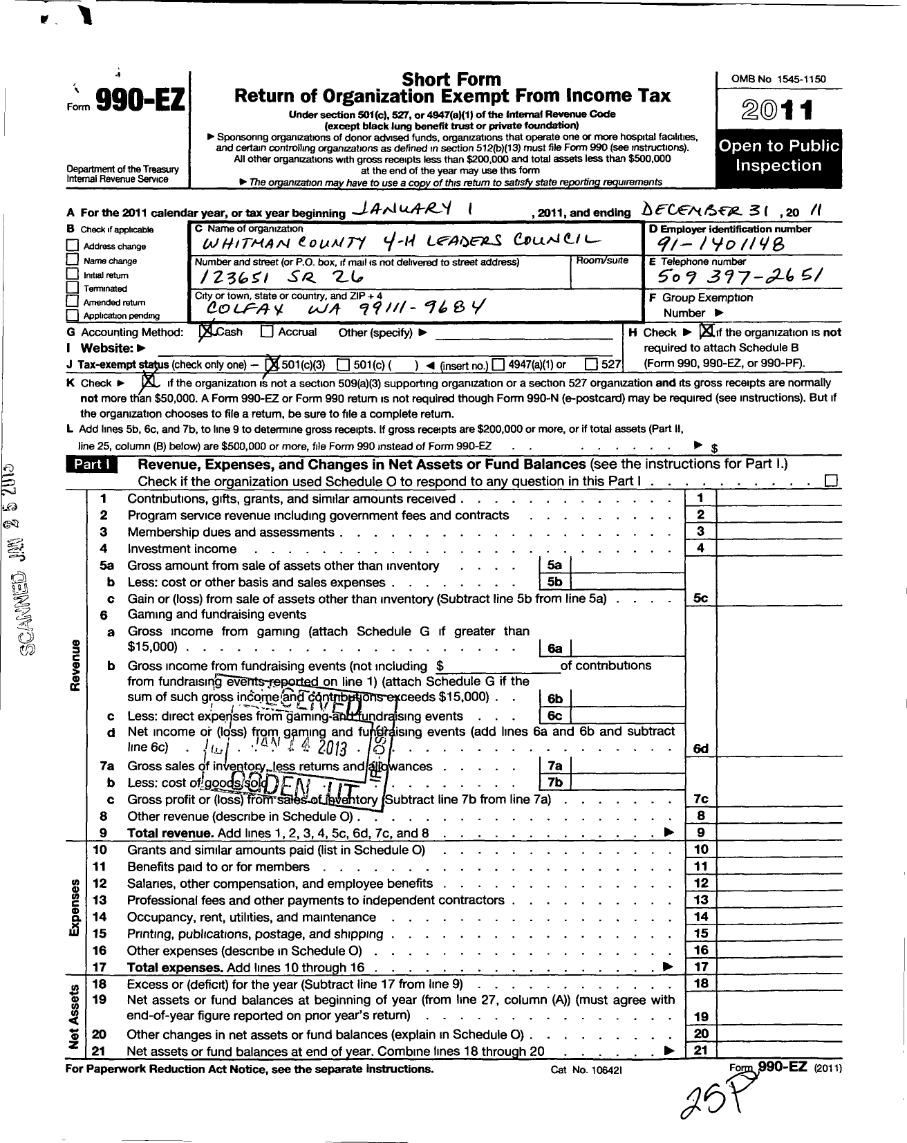 Image of first page of 2011 Form 990EZ for Washington State University / Whitman County 4-H Leaders Council