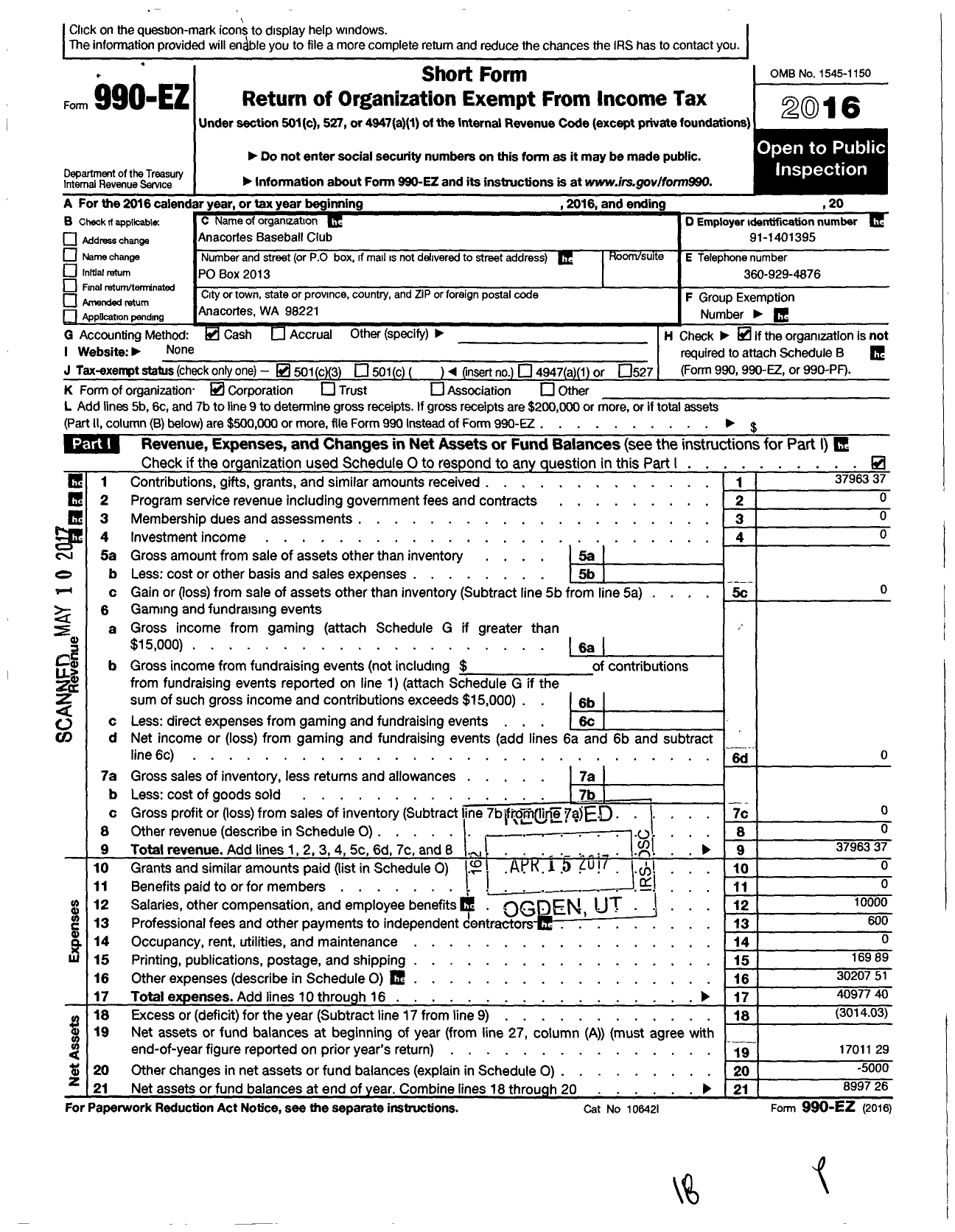 Image of first page of 2016 Form 990EZ for Anacortes Baseball Club