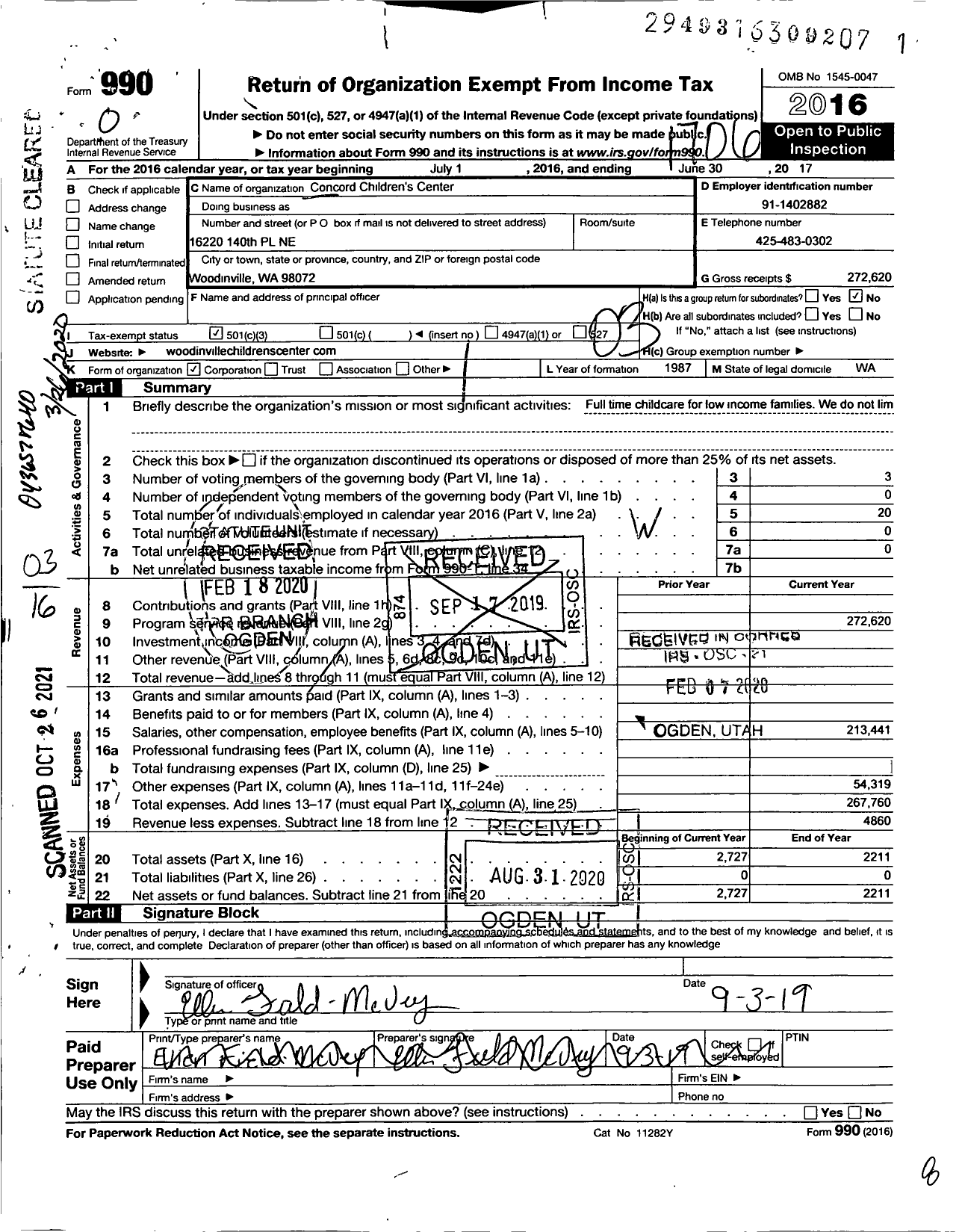 Image of first page of 2016 Form 990 for Woodinville Children's Center
