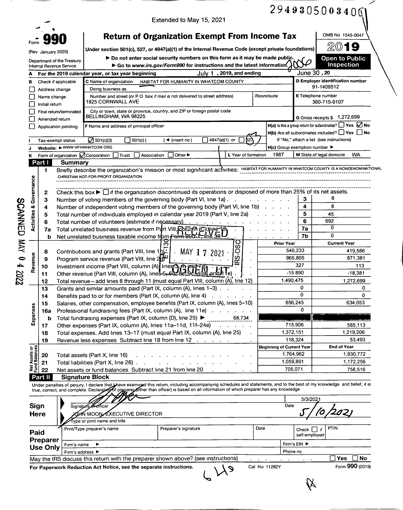 Image of first page of 2019 Form 990 for Habitat for Humanity - Whatcome County HFH in