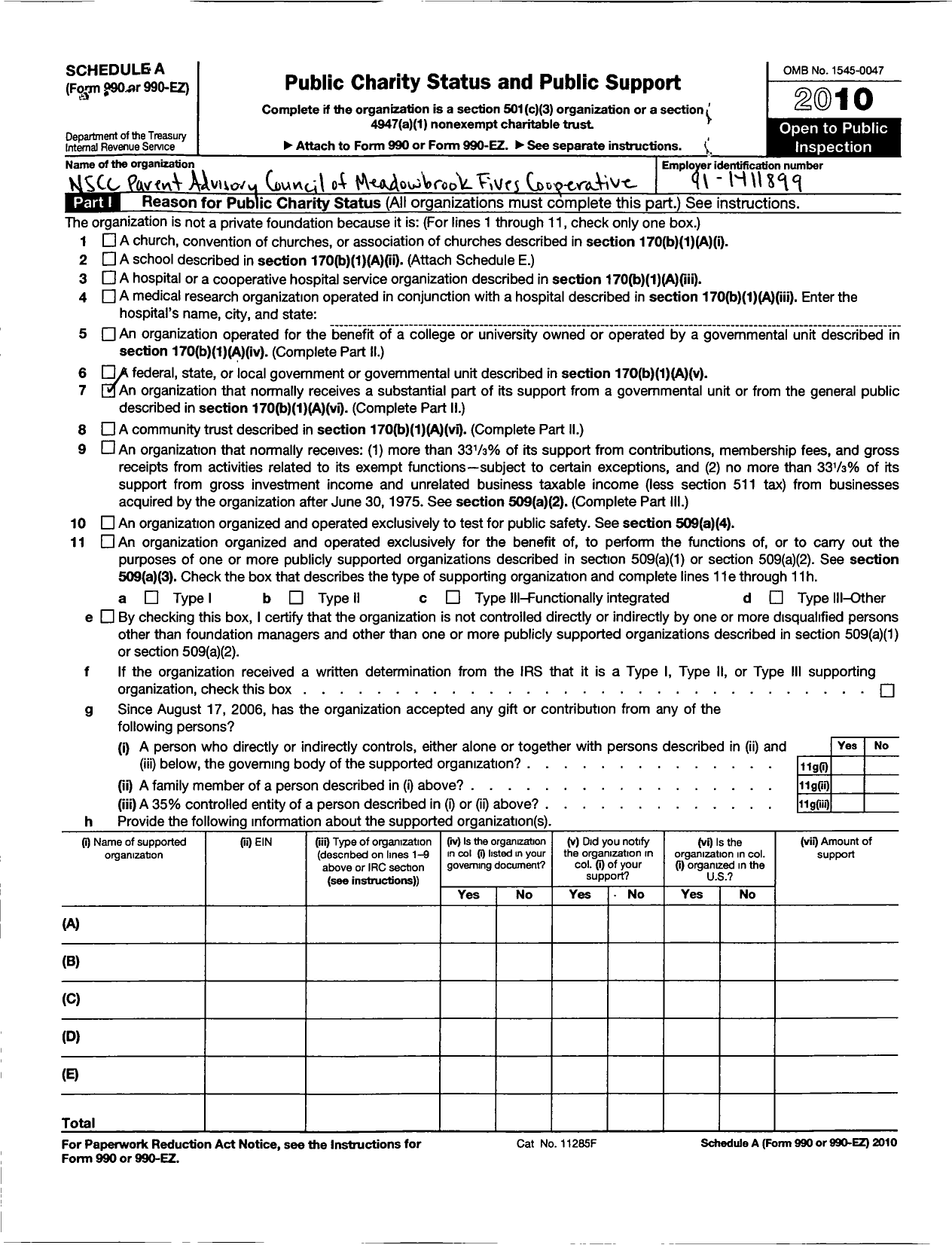 Image of first page of 2009 Form 990ER for NSCC Parent Advisory Council of Parent Cooperative Preschools / Meadowbrook Fives Cooperative