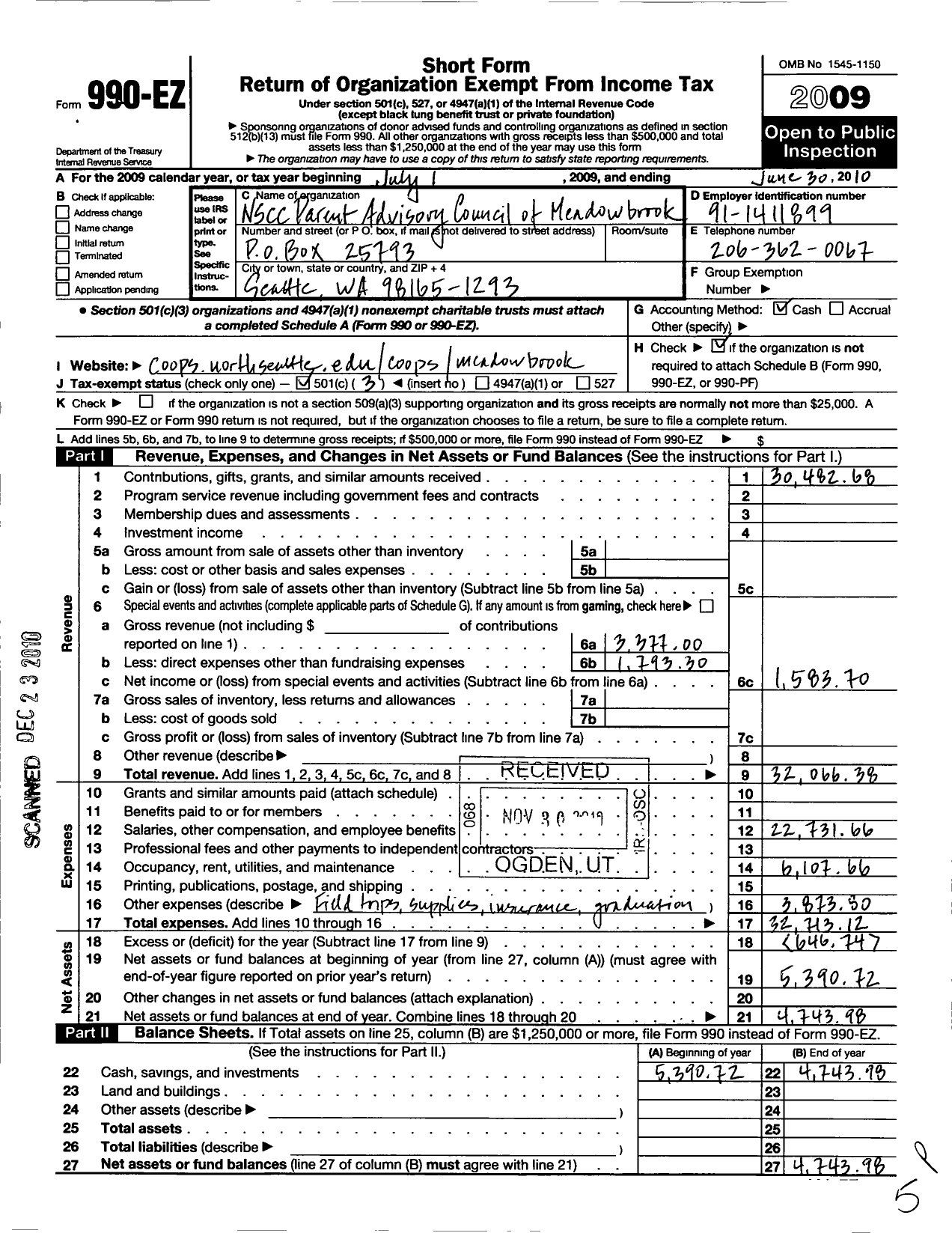 Image of first page of 2009 Form 990EZ for NSCC Parent Advisory Council of Parent Cooperative Preschools / Meadowbrook Fives Cooperative