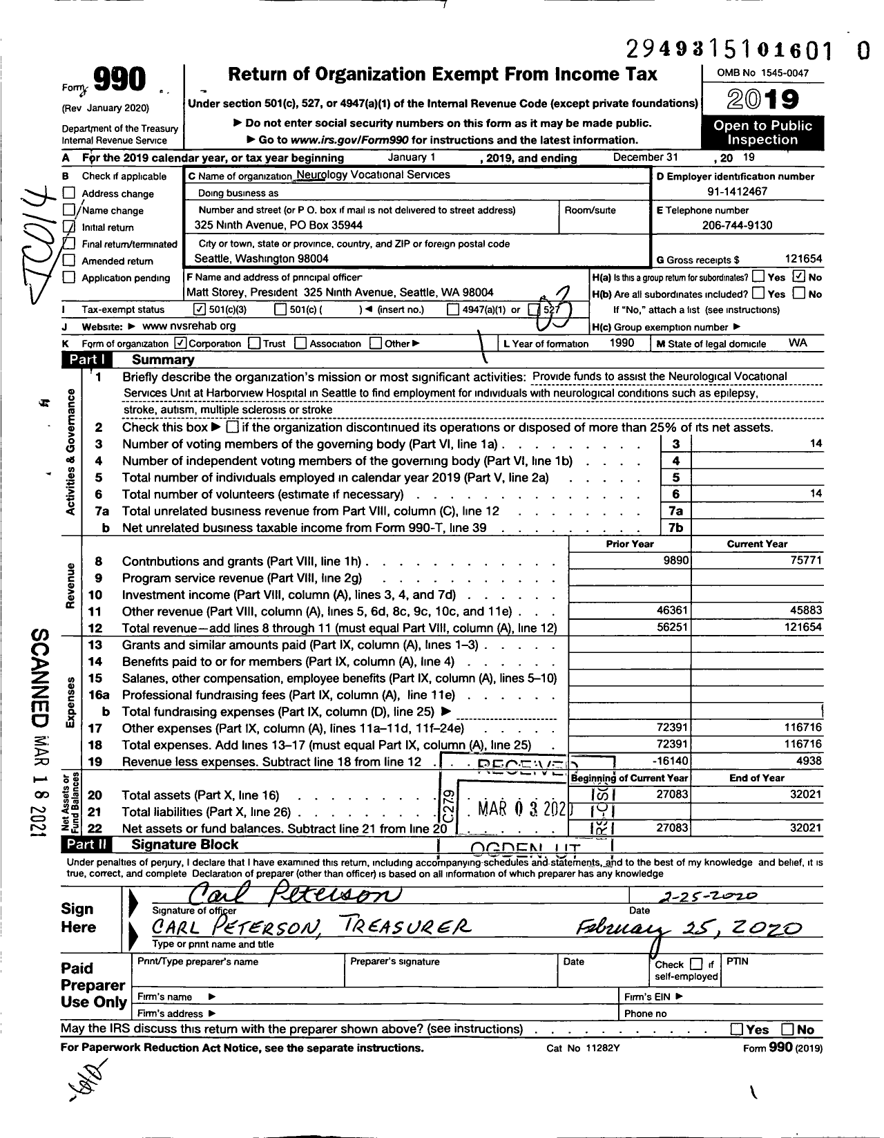 Image of first page of 2019 Form 990 for Neurology Vocational Services