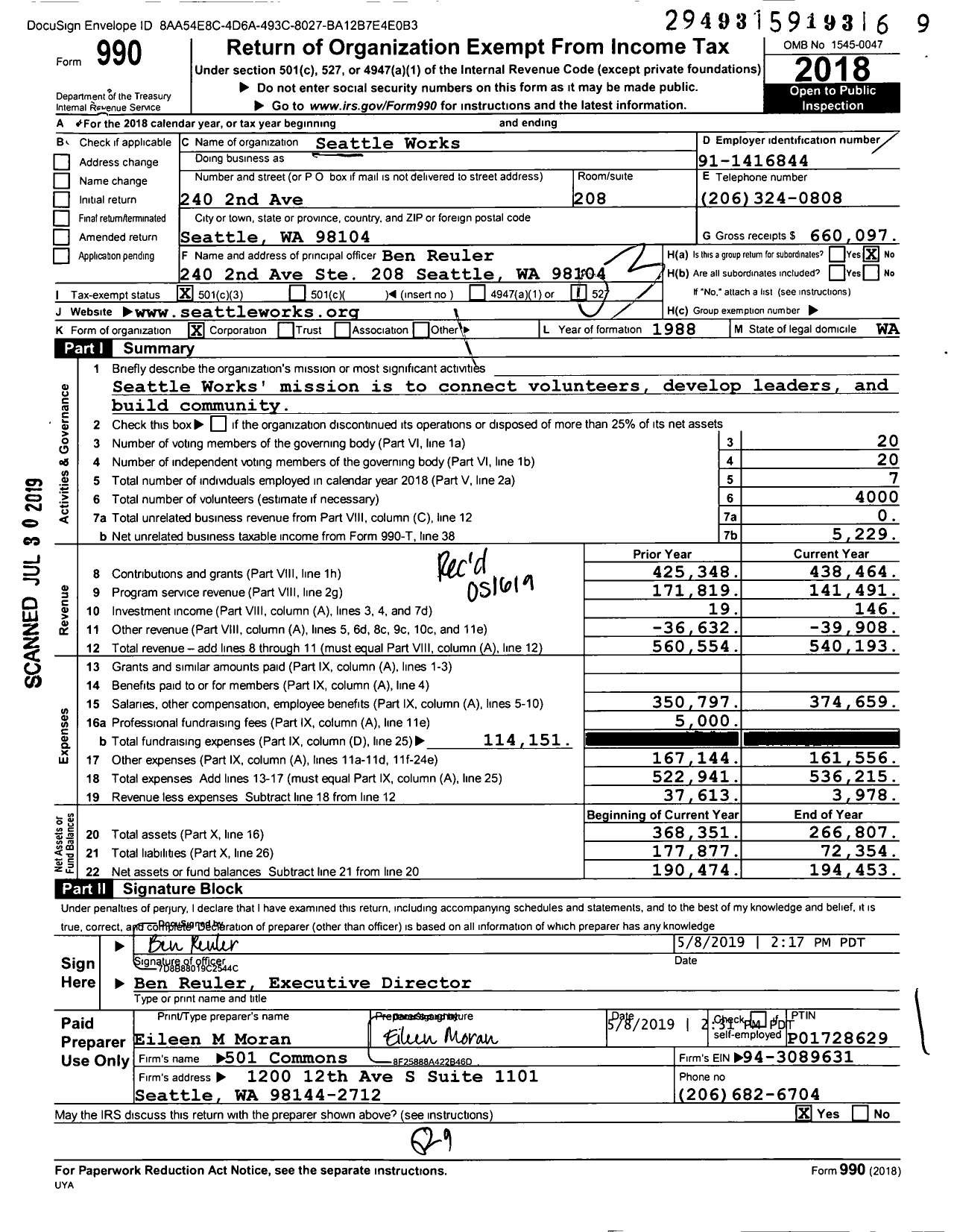 Image of first page of 2018 Form 990 for Seattle Works