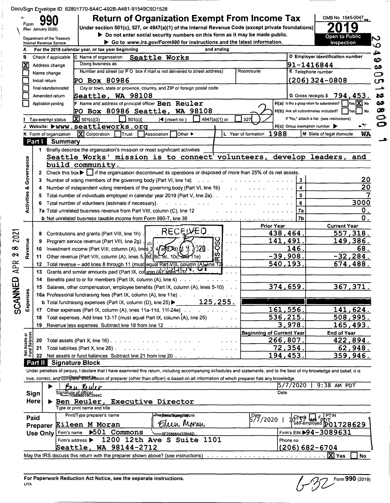 Image of first page of 2019 Form 990 for Seattle Works