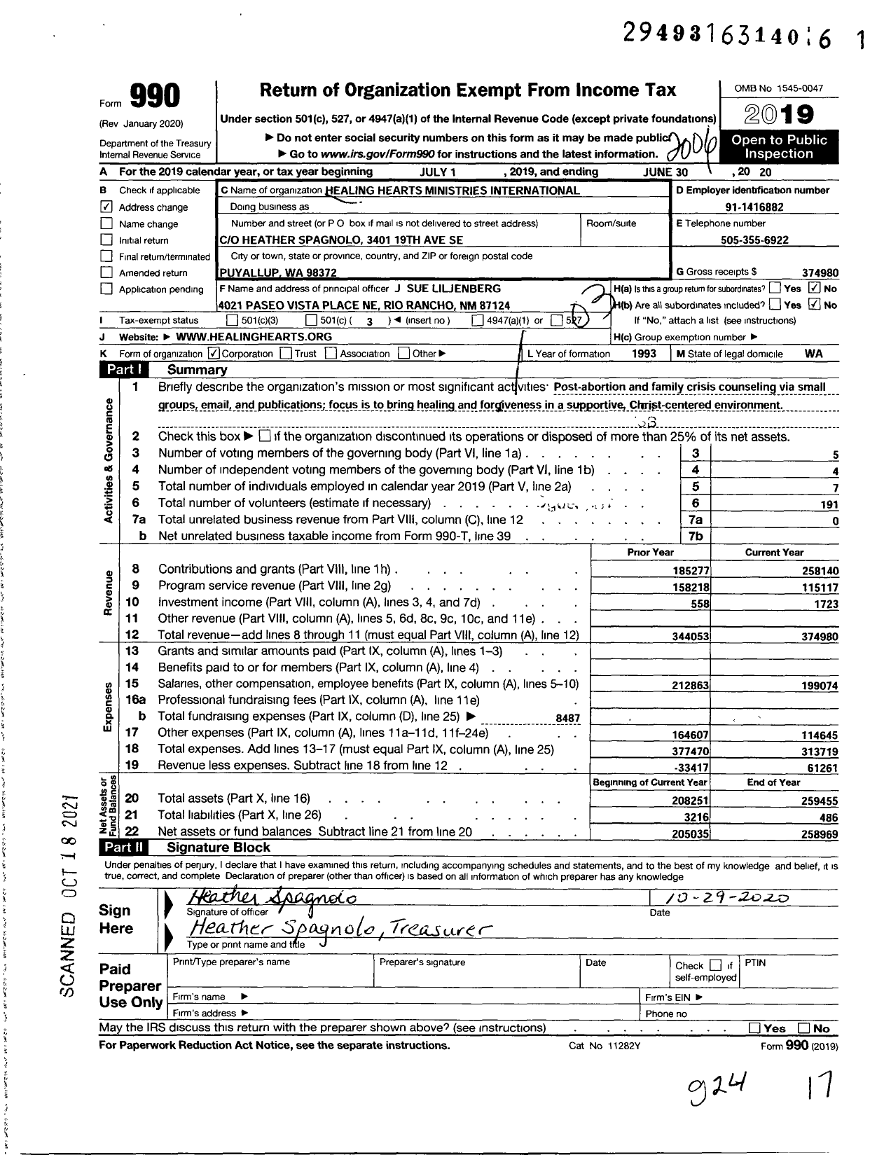 Image of first page of 2019 Form 990 for Healing Hearts Ministries International