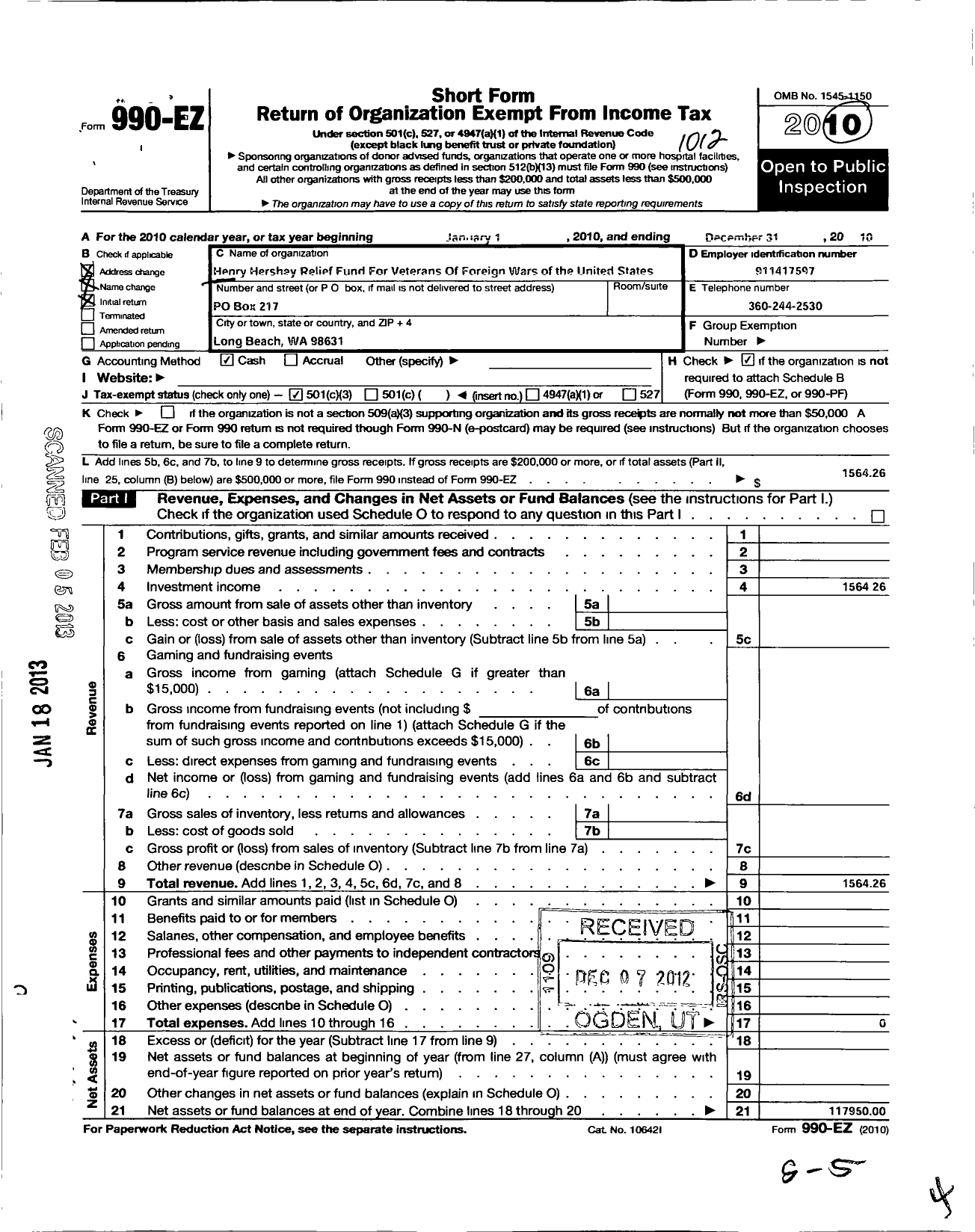 Image of first page of 2010 Form 990EZ for Henry Hershey Relief Fund for Veterans of Foreign Wars of the Us