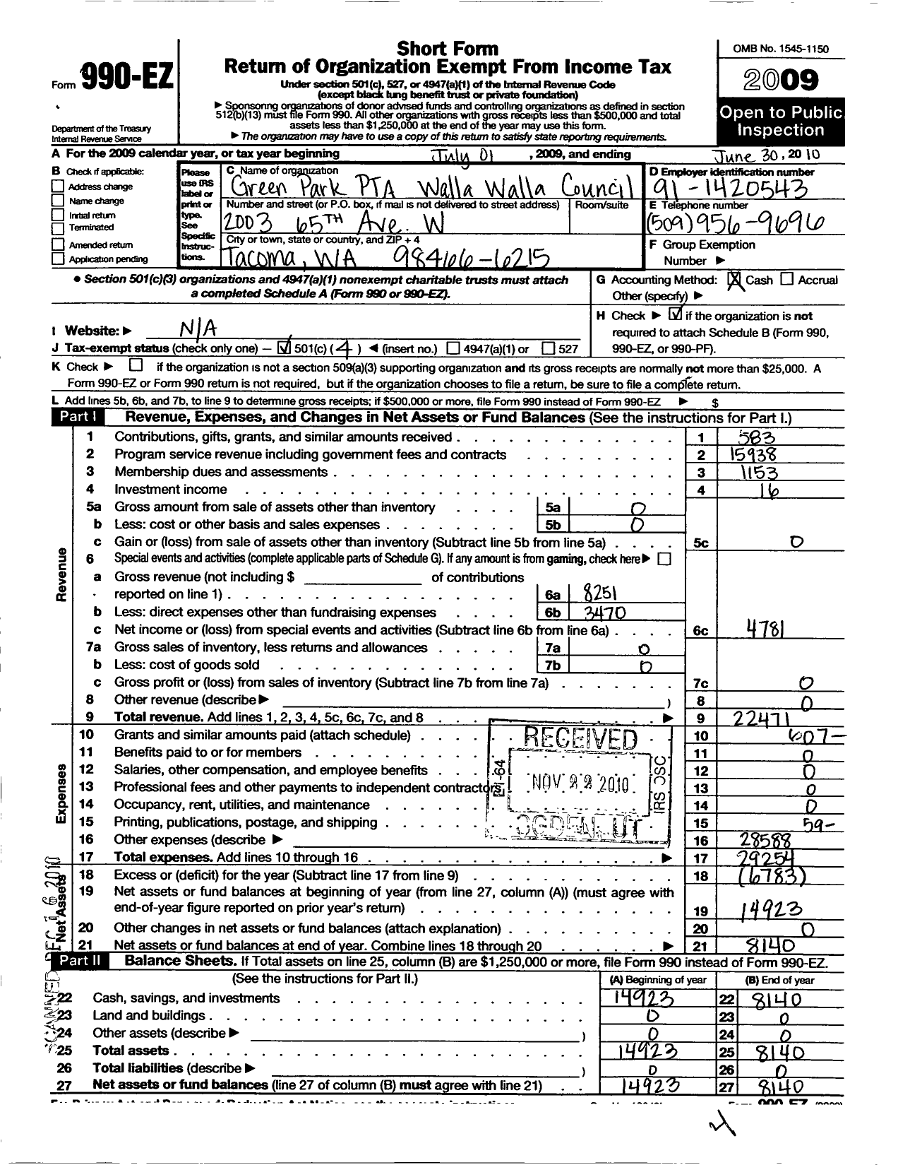 Image of first page of 2009 Form 990EO for Green Park PTA