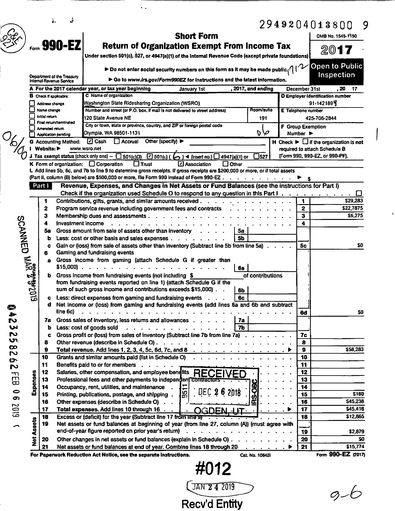 Image of first page of 2017 Form 990EO for Washington State Ridesharing Organization