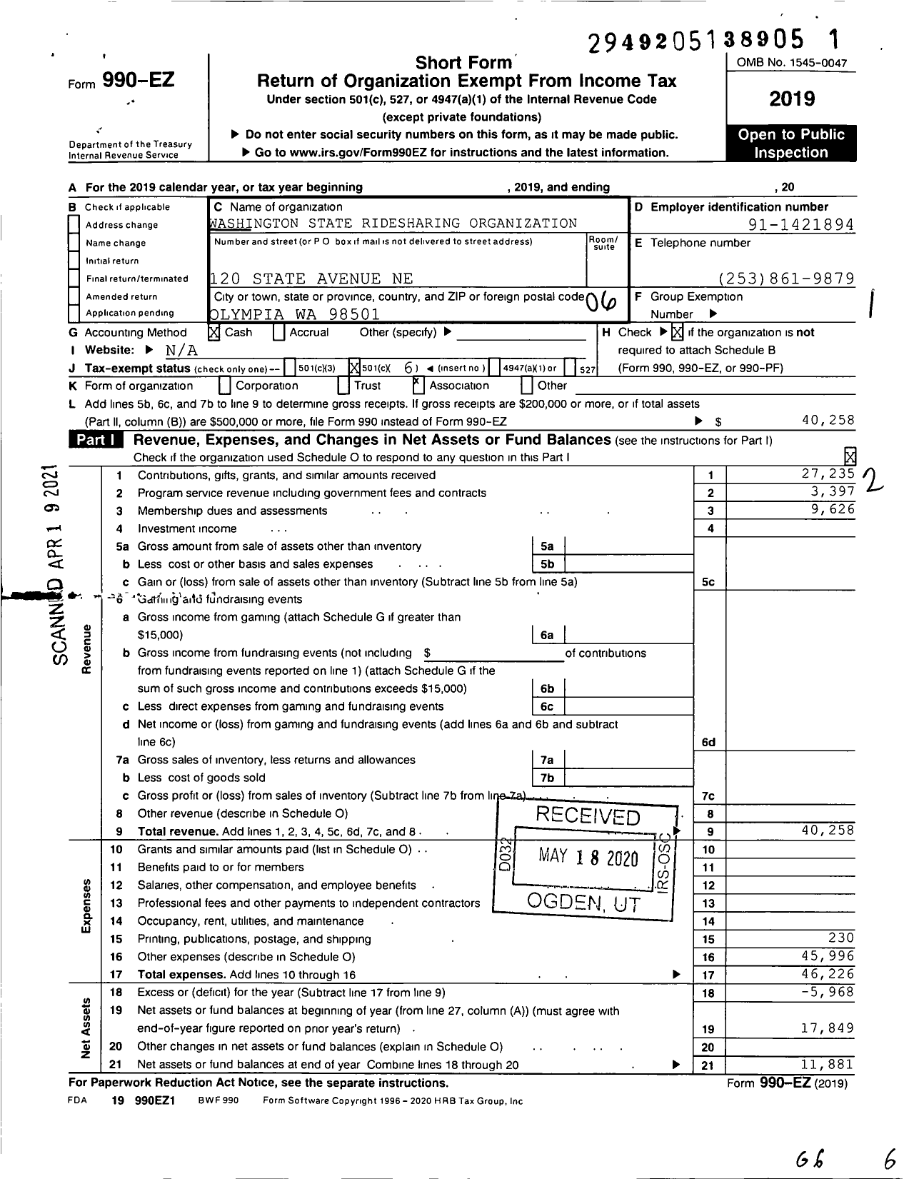 Image of first page of 2019 Form 990EO for Washington State Ridesharing Organization