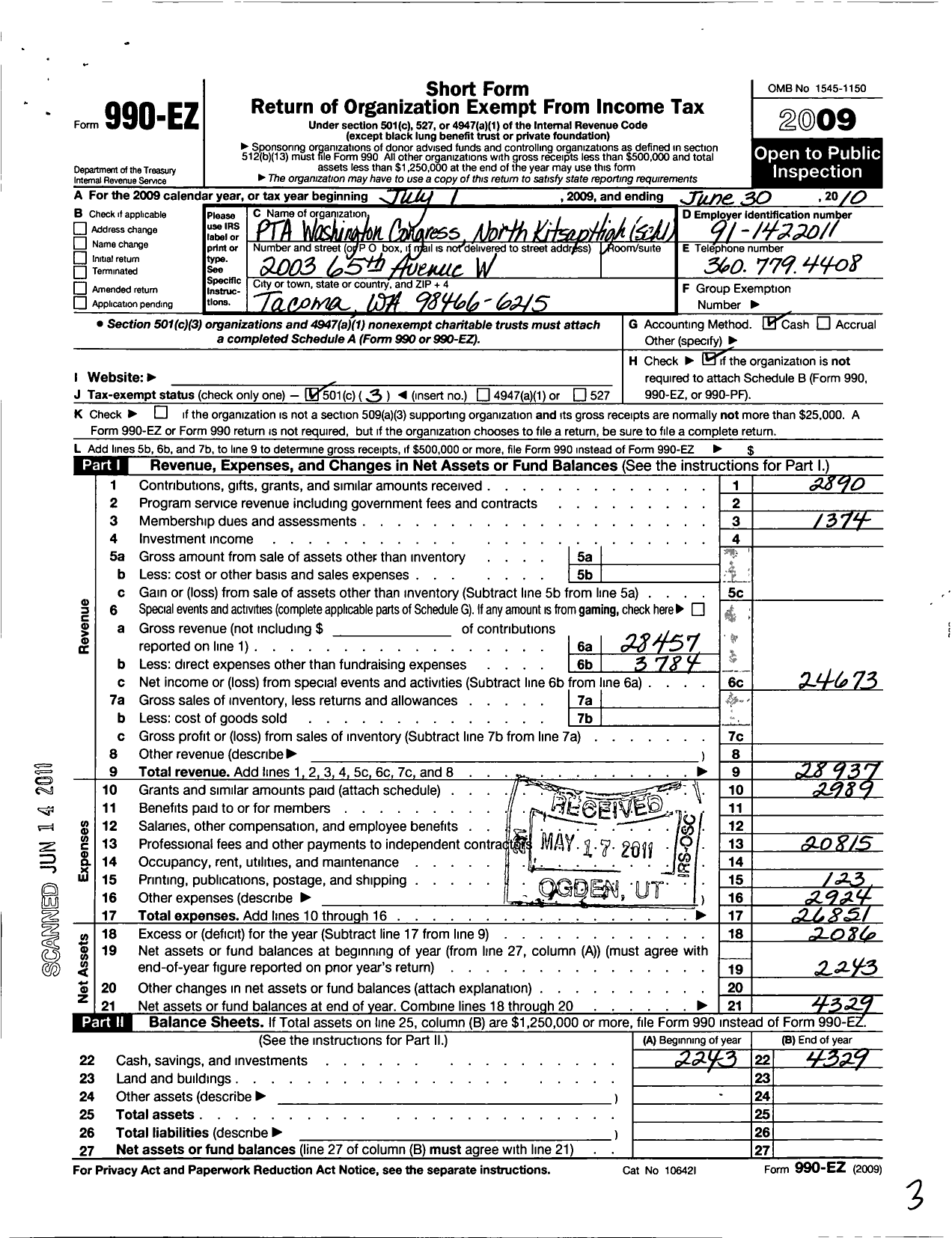 Image of first page of 2009 Form 990EZ for North Kitsap High School Ptsa 1 7 25