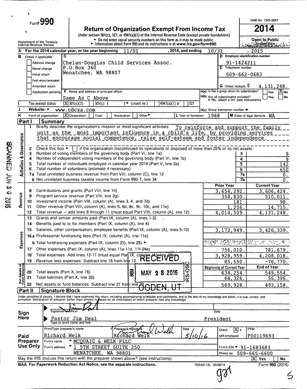 Image of first page of 2014 Form 990 for Chelan-Douglas Child Services Association