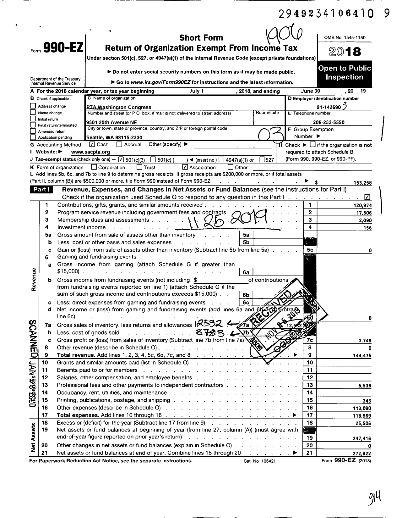 Image of first page of 2018 Form 990EZ for PTA Washington Congress