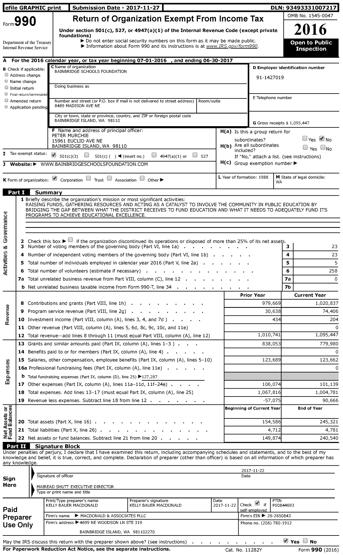 Image of first page of 2016 Form 990 for Bainbridge Schools Foundation