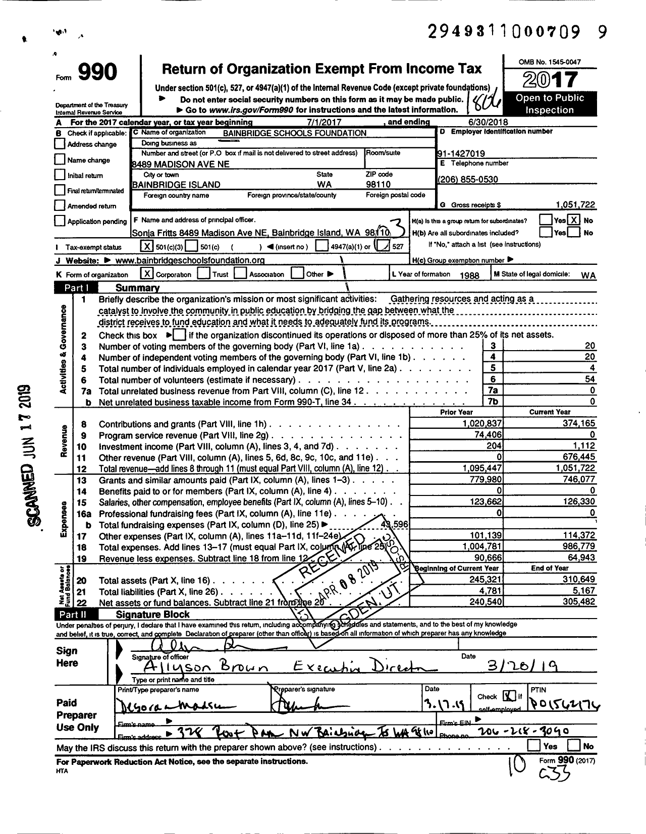 Image of first page of 2017 Form 990 for Bainbridge Schools Foundation