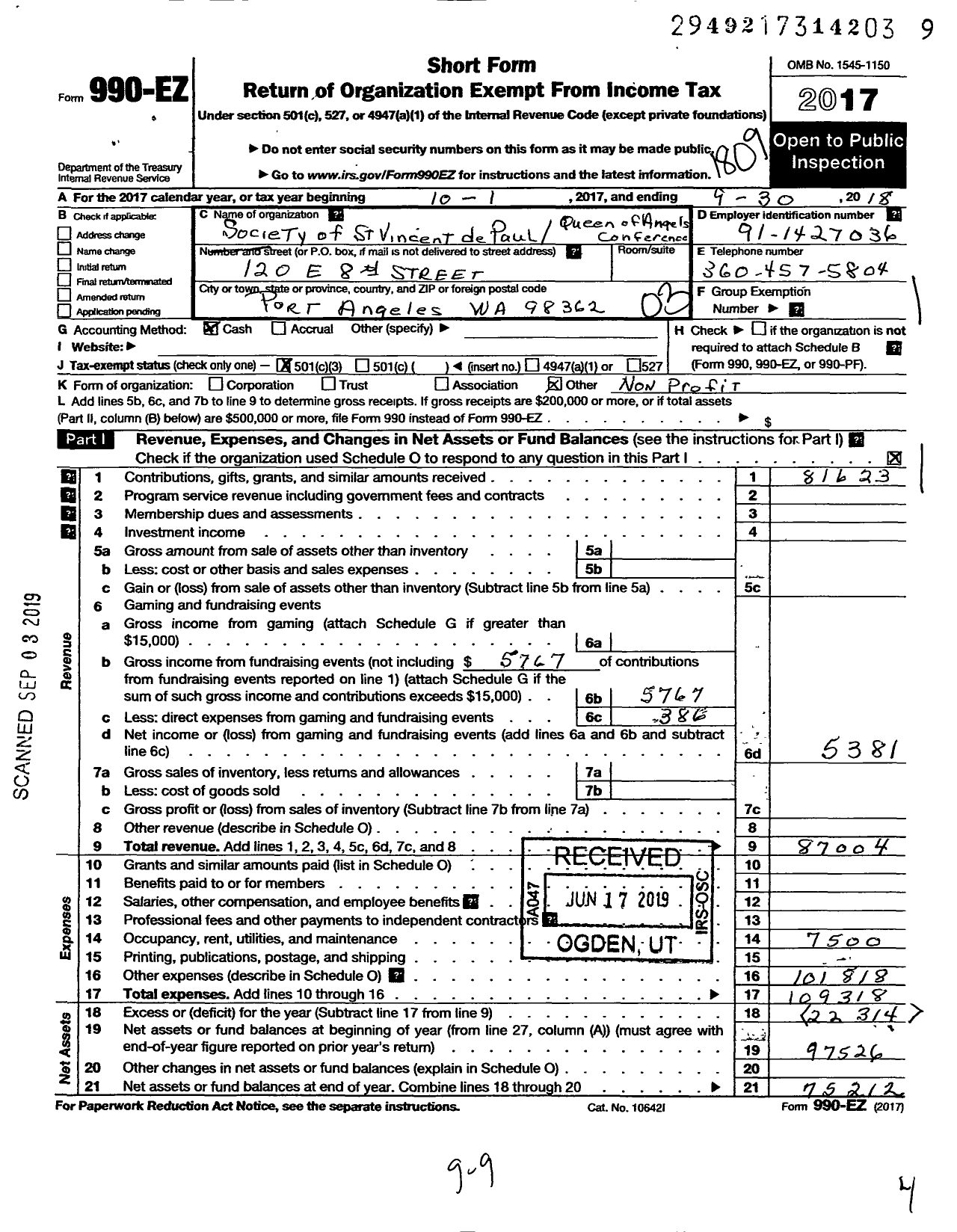 Image of first page of 2017 Form 990EZ for Society of St Vincent de Paul-Queen of Angels