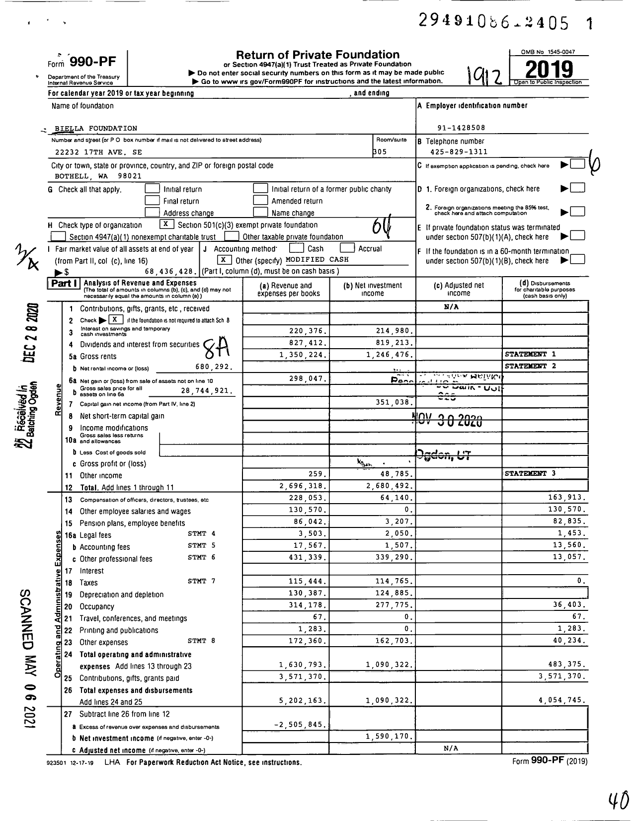 Image of first page of 2019 Form 990PF for Biella Foundation