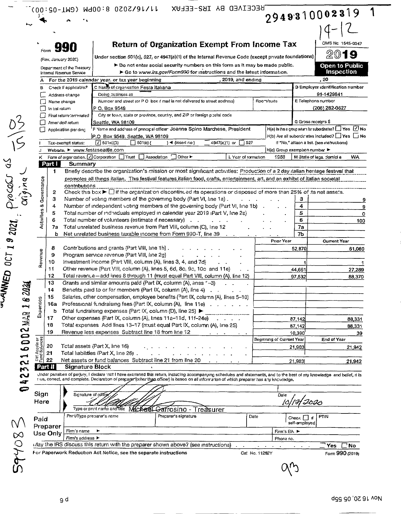 Image of first page of 2019 Form 990 for Festa Italiana