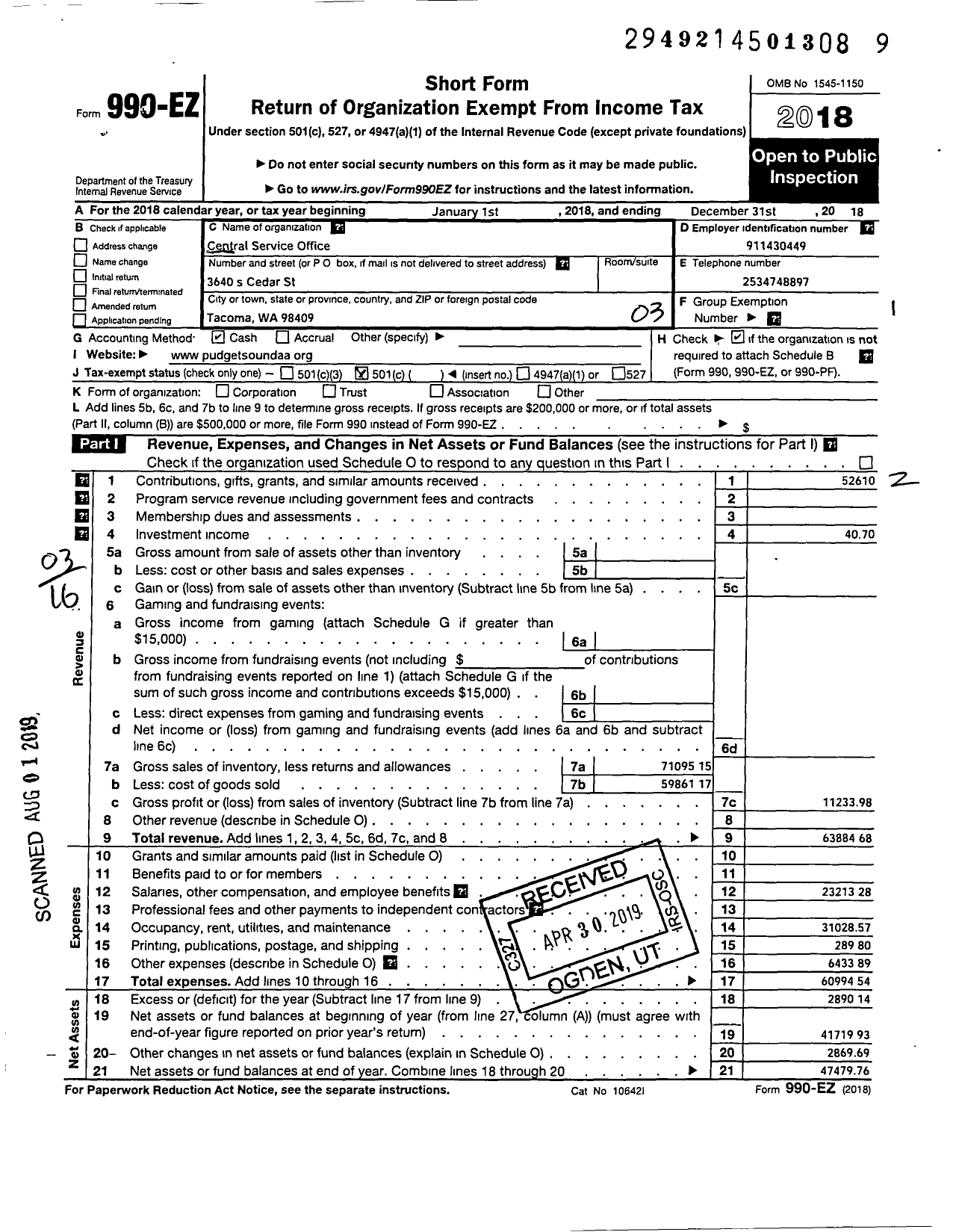 Image of first page of 2018 Form 990EZ for Puget Sound Central Service Office