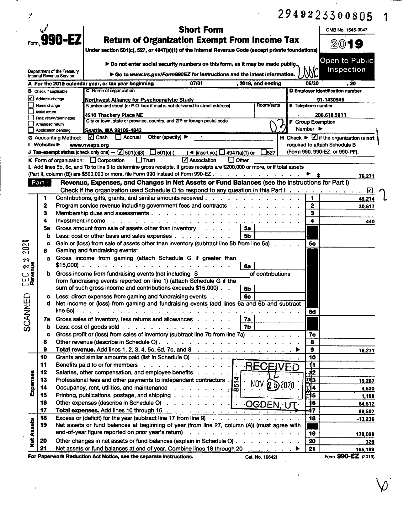 Image of first page of 2019 Form 990EZ for Northwest Alliance for Psychoanalytic Study