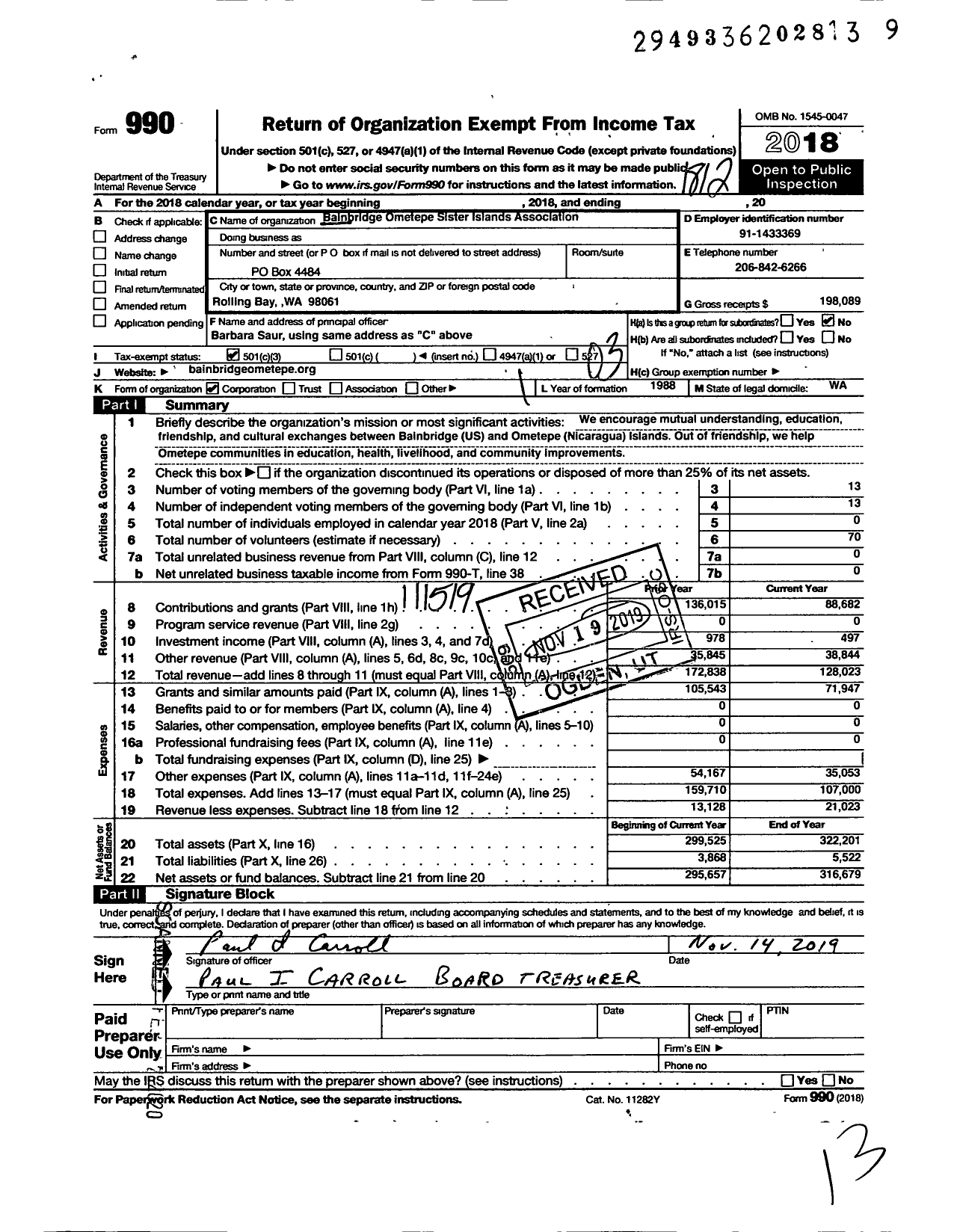 Image of first page of 2018 Form 990 for Bainbridge-Ometepe Sister Islands Association (BOSIA)