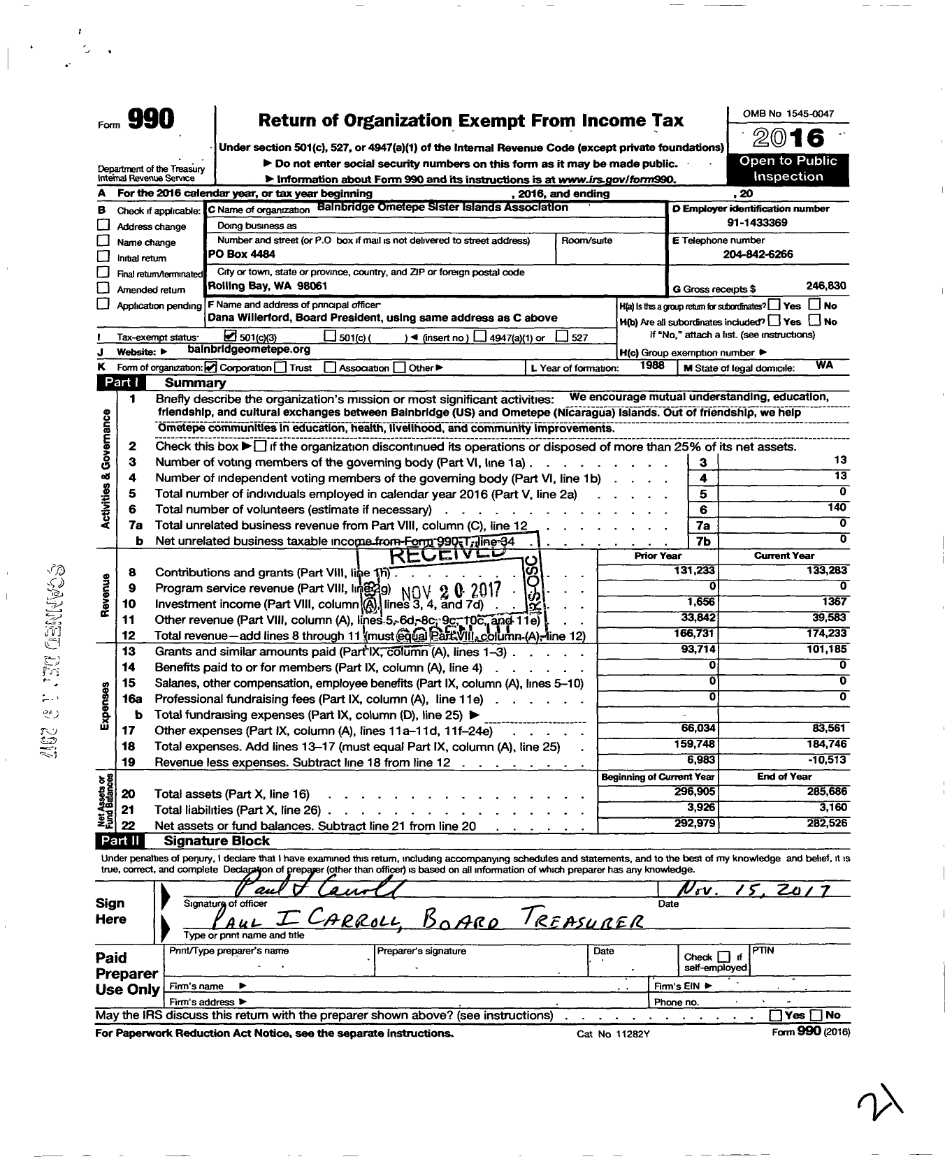 Image of first page of 2016 Form 990 for Bainbridge-Ometepe Sister Islands Association (BOSIA)