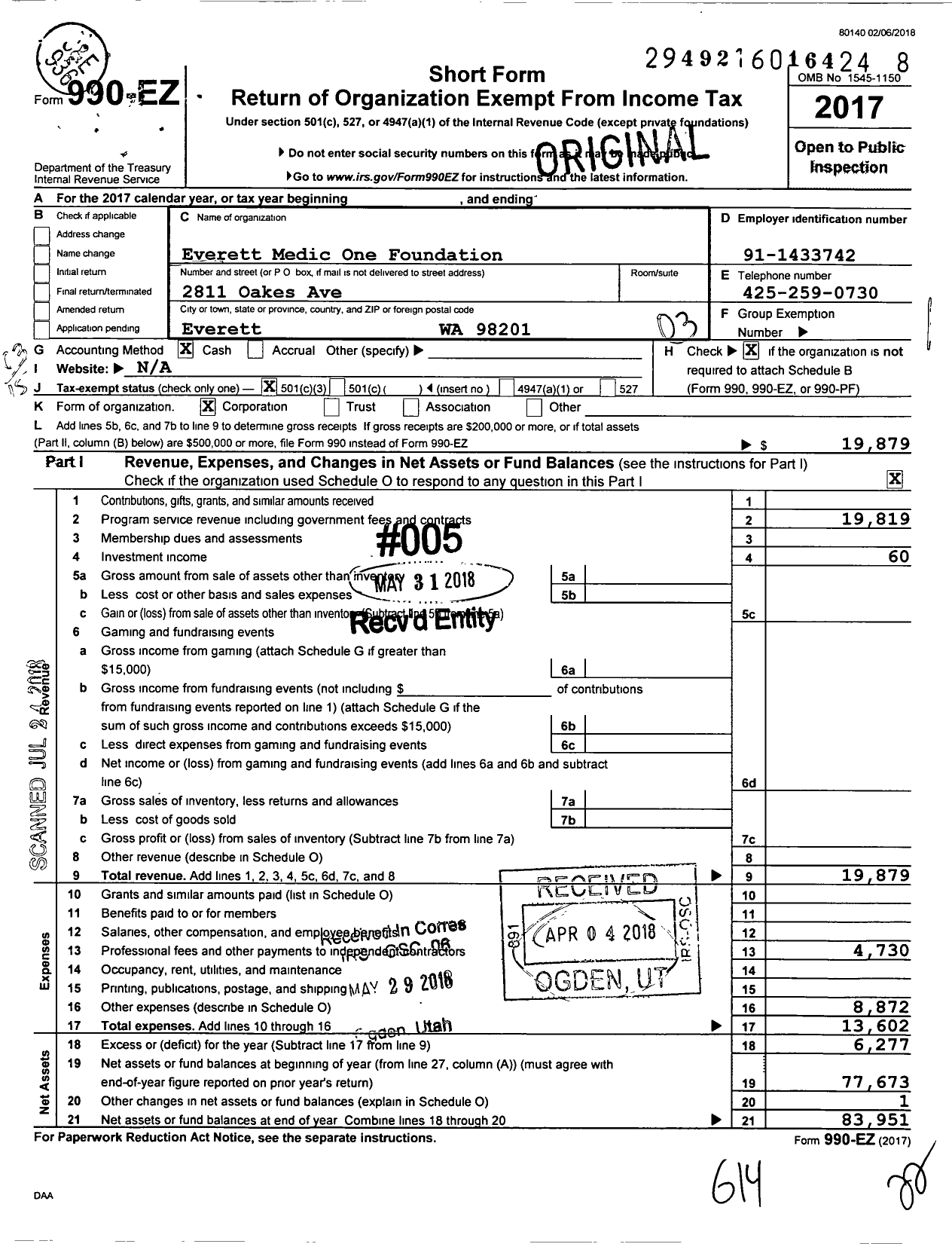 Image of first page of 2017 Form 990EZ for Everett Medic One Foundation