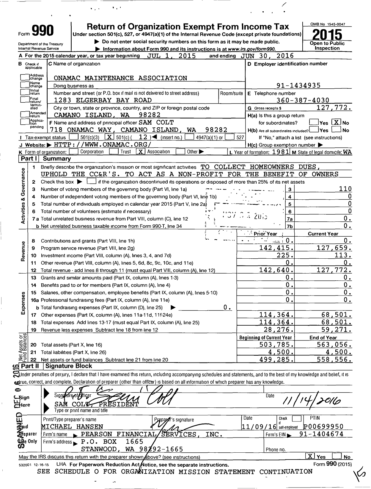 Image of first page of 2015 Form 990O for Onamac Maintenance Association
