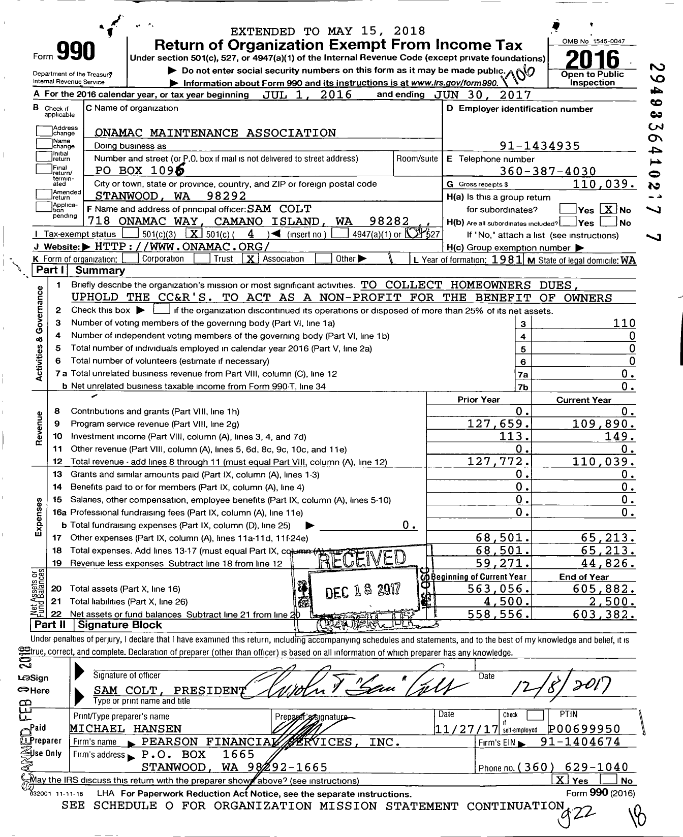 Image of first page of 2016 Form 990O for Onamac Maintenance Association