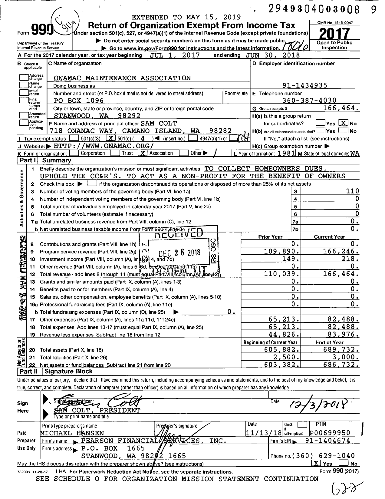 Image of first page of 2017 Form 990O for Onamac Maintenance Association