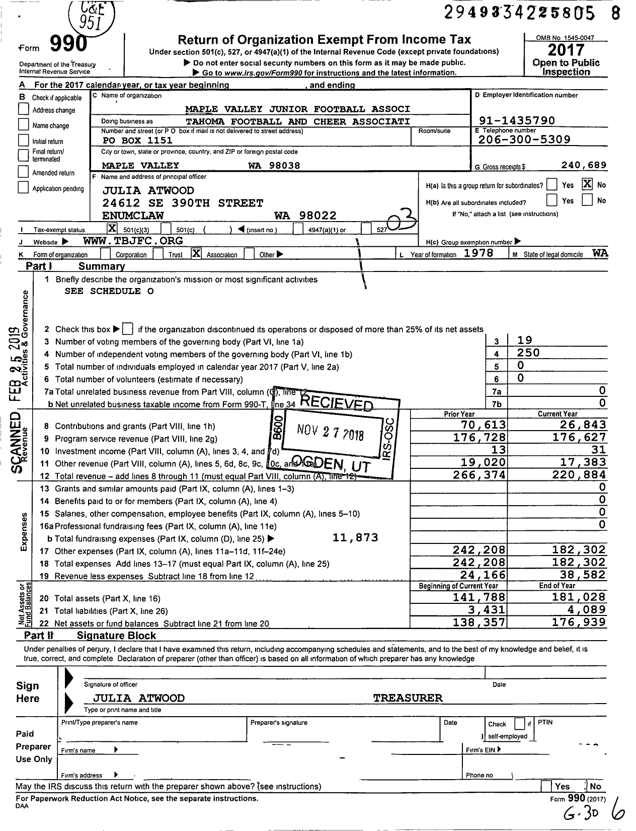 Image of first page of 2017 Form 990 for Maple Valley Junior Football Associ Tahoma Football and Cheer Association