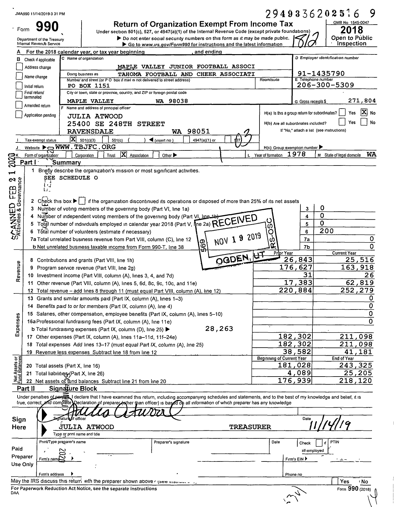 Image of first page of 2018 Form 990 for Maple Valley Junior Football Associ Tahoma Football and Cheer Association