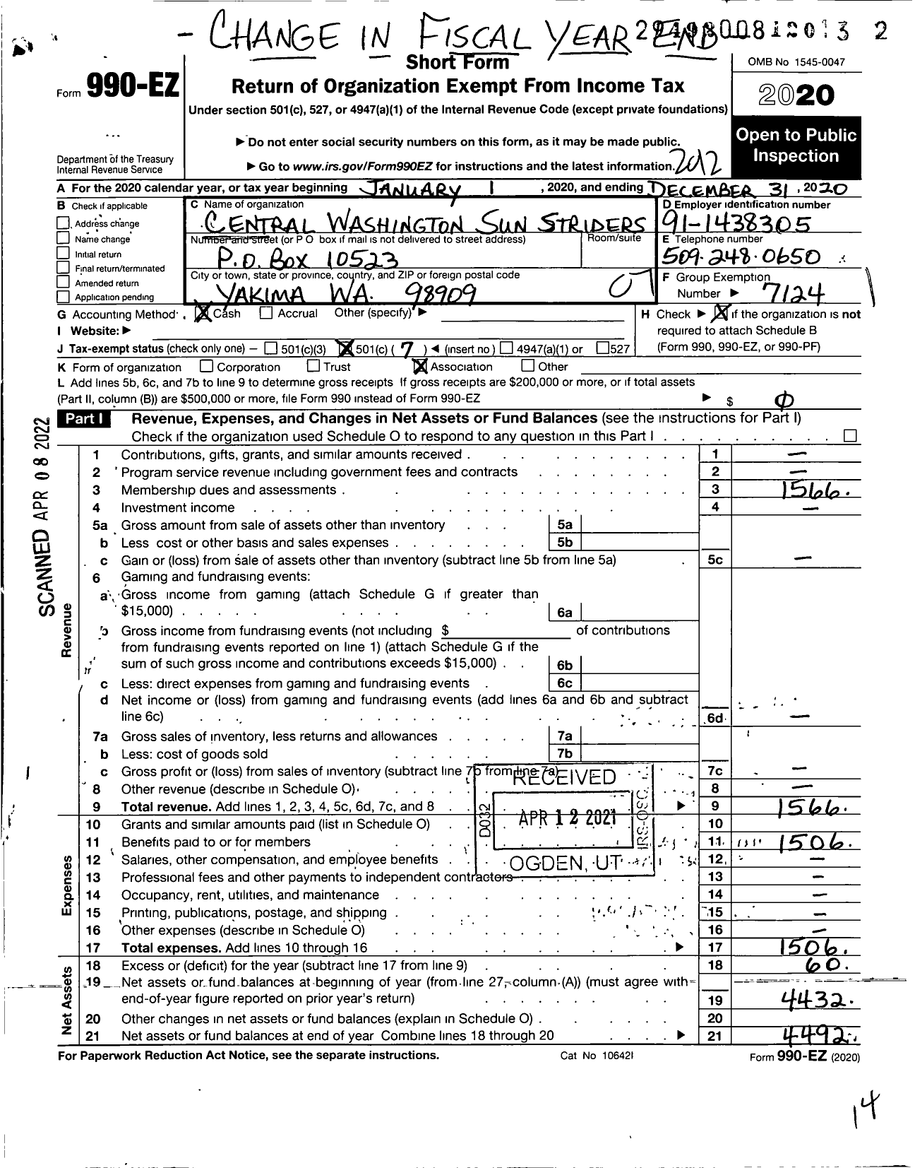 Image of first page of 2020 Form 990EO for AMERICAN VOLKSSPORT ASSOCIATION - 360 Central Washington Sun Striders