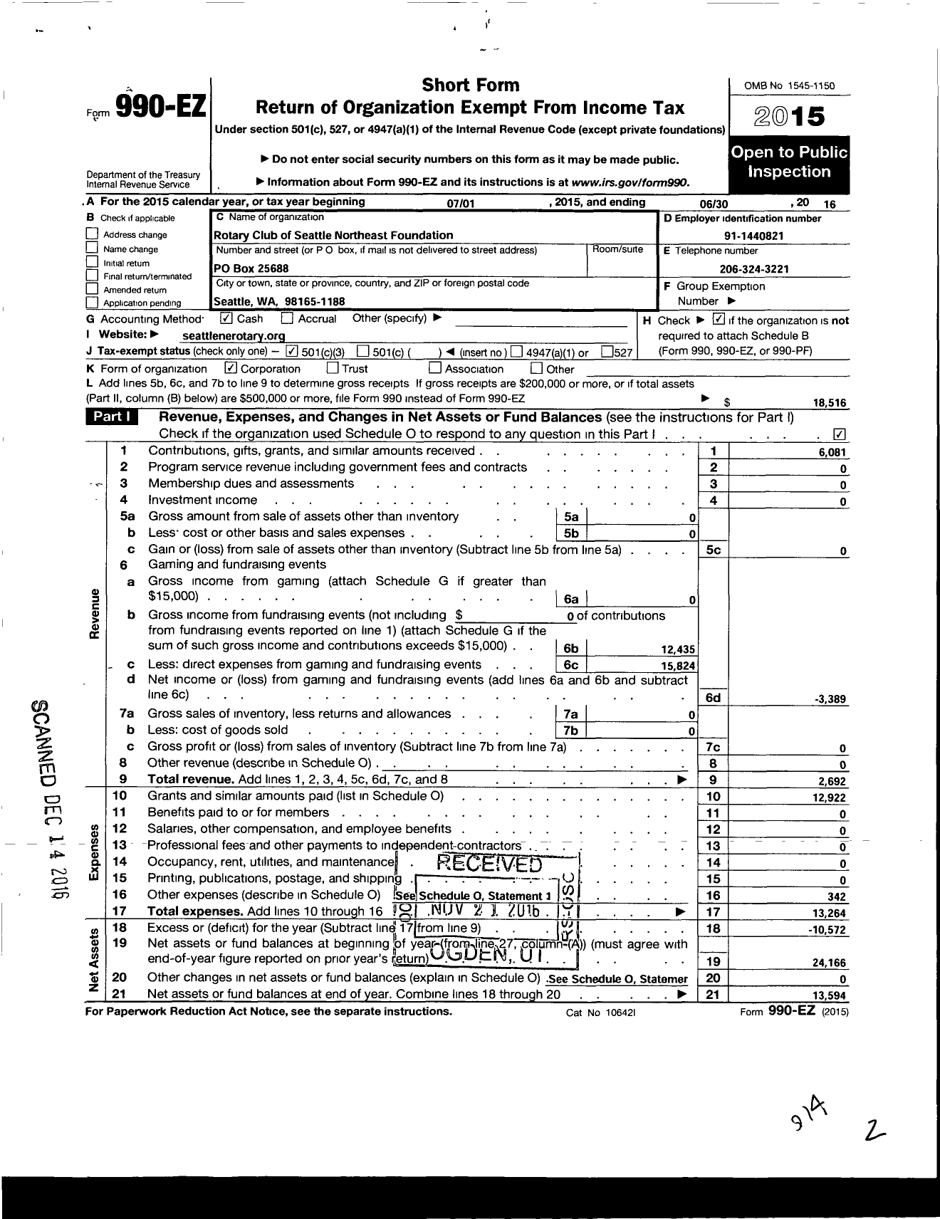 Image of first page of 2015 Form 990EZ for Rotary Club of Seattle Northeast Foundation