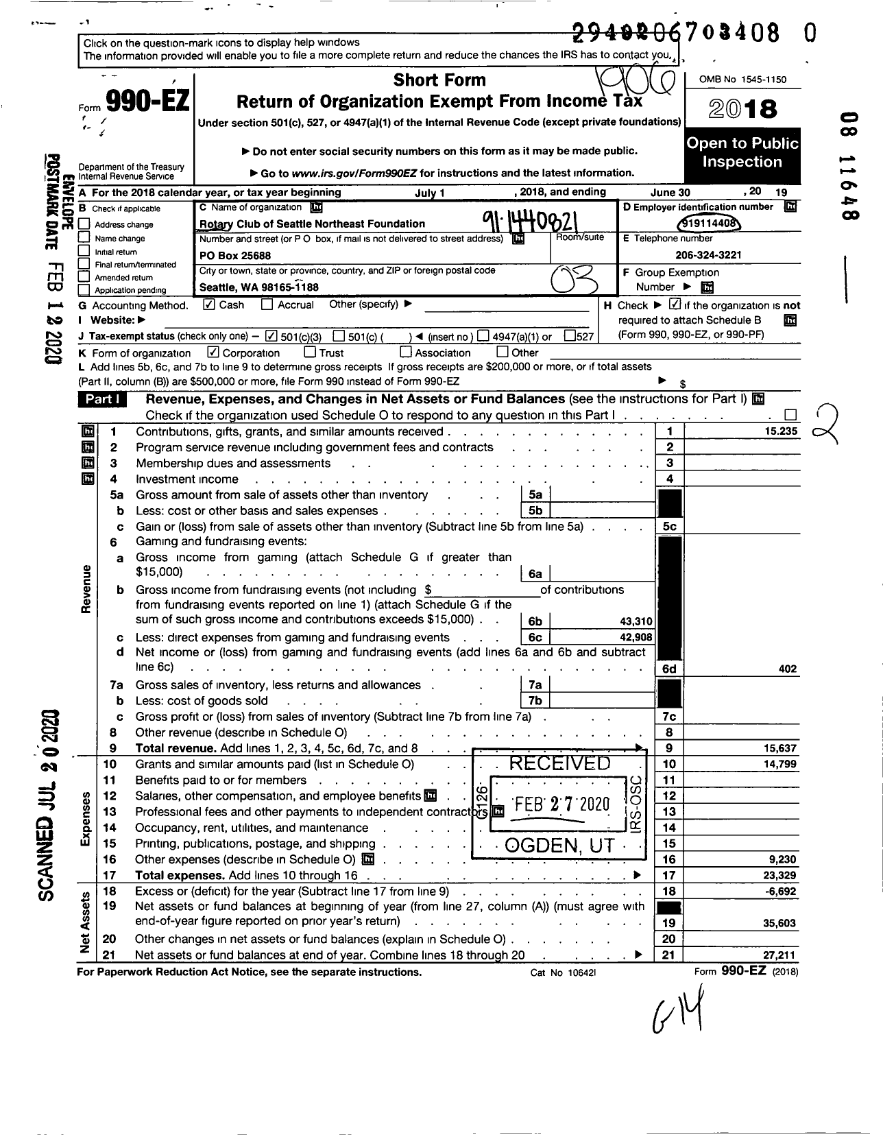 Image of first page of 2018 Form 990EZ for Rotary Club of Seattle Northeast Foundation