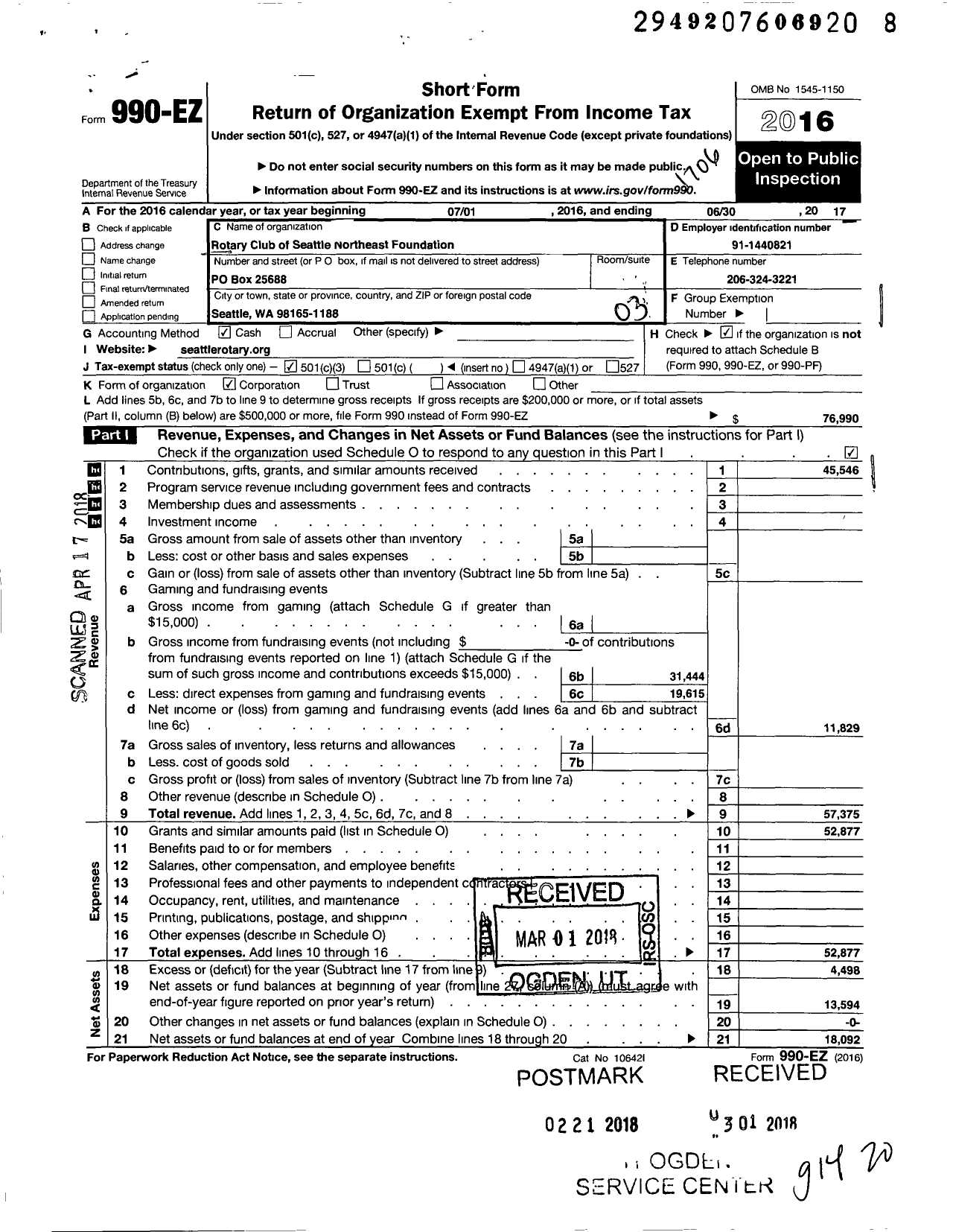 Image of first page of 2016 Form 990EZ for Rotary Club of Seattle Northeast Foundation