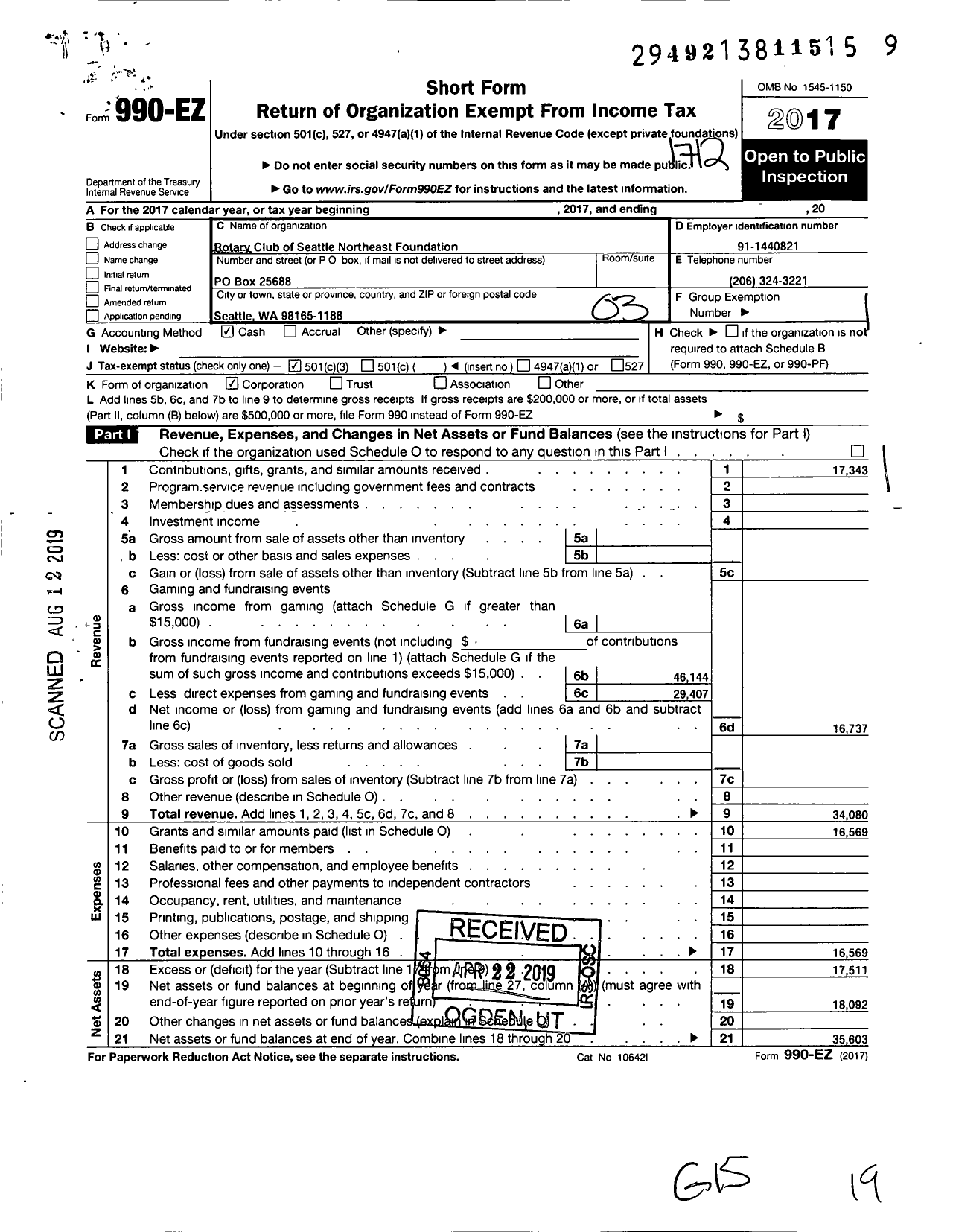 Image of first page of 2017 Form 990EZ for Rotary Club of Seattle Northeast Foundation